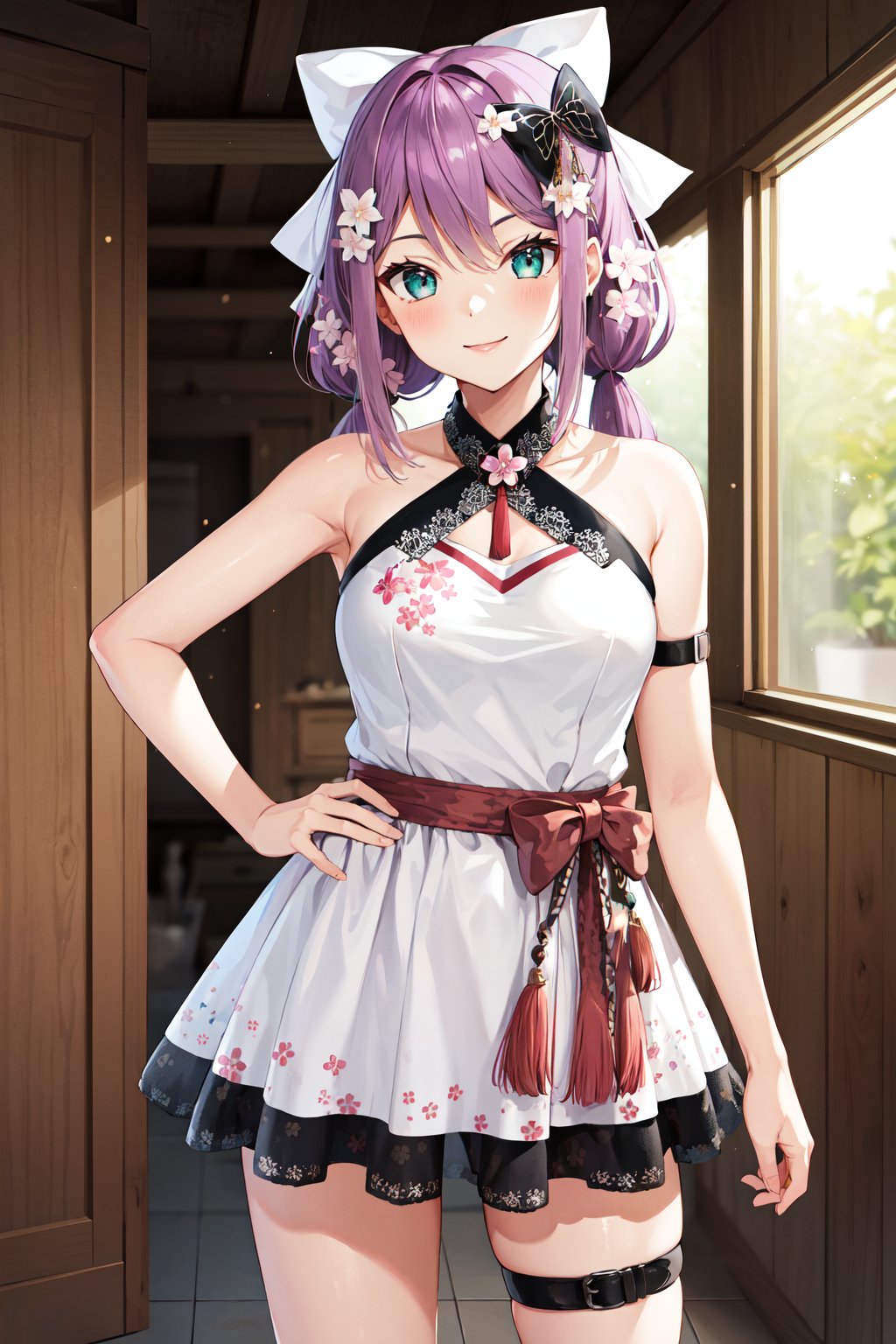 masterpiece, best quality, highres, aaritsuki, low twintails, hair ornament, hair bow, white bow, hair flower, halterneck, bare shoulders, white dress, short dress, sleeveless, belt, thigh strap, floral print, <lora:sakura_ritsuki_v1:0.7>, standing, cowboy shot, hand on hip, smile, indoors,