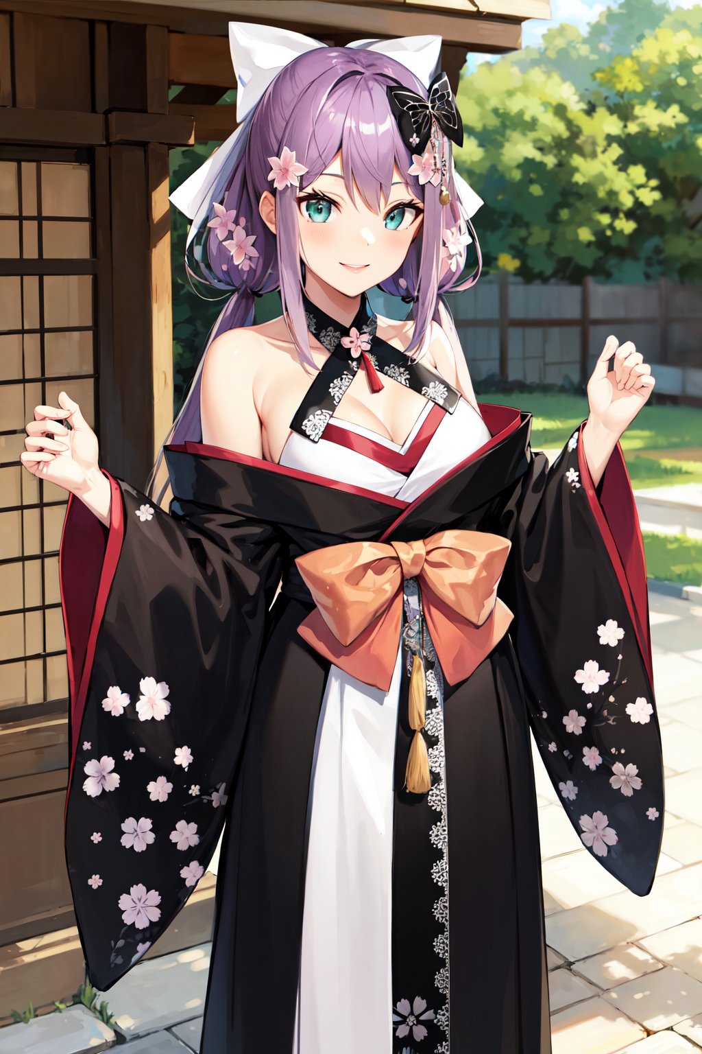 masterpiece, best quality, highres, aaritsuki, low twintails, hair ornament, hair bow, white bow, hair flower, halterneck, cleavage, off shoulder, japanese clothes, black kimono, long sleeves, wide sleeves, floral print, <lora:sakura_ritsuki_v1:0.7>, standing, cowboy shot, outdoors, looking at viewer,  smile, 