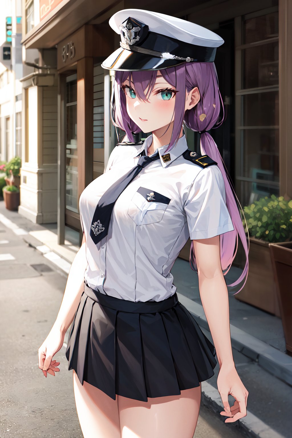 masterpiece, best quality, highres, aaritsuki, low twintails, <lora:sakura_ritsuki_v1:0.7>, white shirt, collared shirt, necktie, police uniform, peaked cap, skirt, standing, street