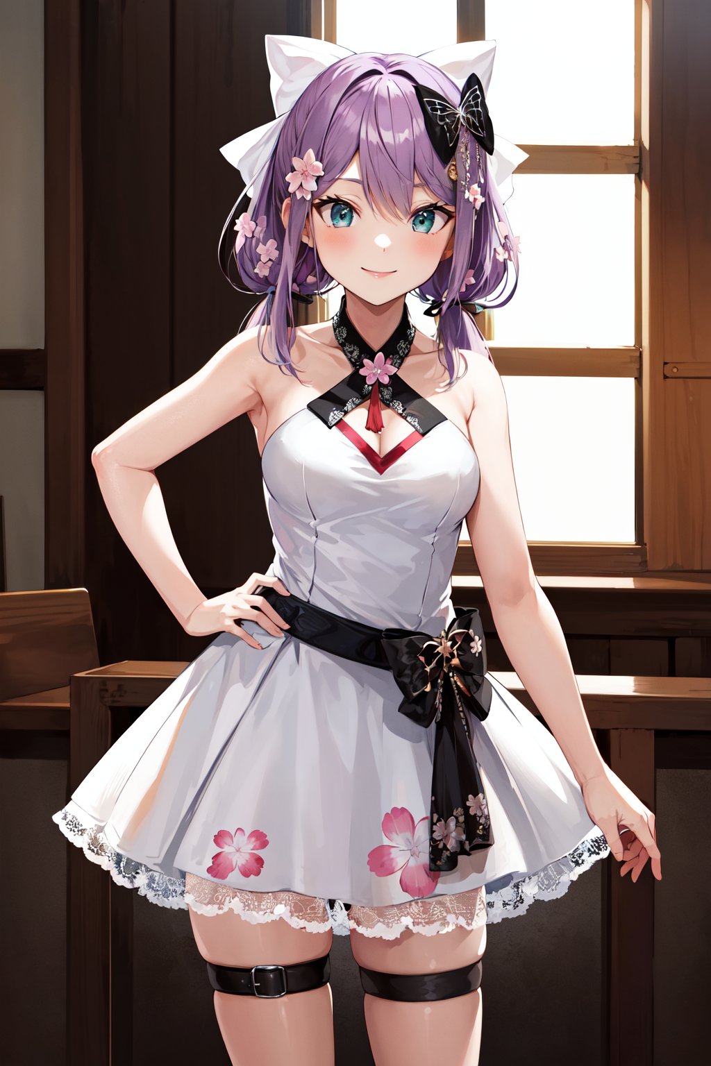 masterpiece, best quality, highres, aaritsuki, low twintails, hair ornament, hair bow, white bow, hair flower, halterneck, bare shoulders, white dress, short dress, sleeveless, belt, thigh strap, floral print, <lora:sakura_ritsuki_v1:0.7>, standing, cowboy shot, hand on hip, smile, indoors,