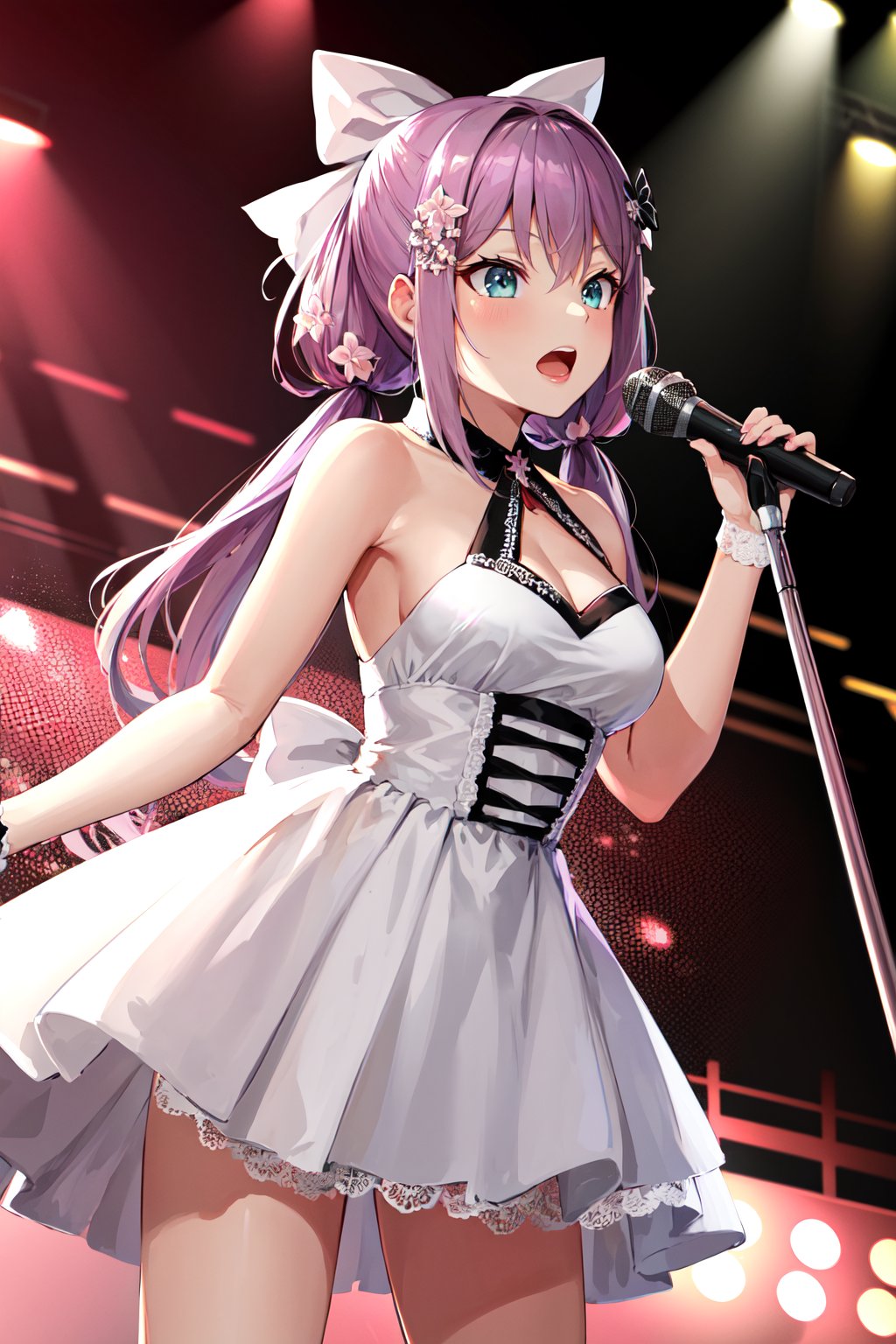 masterpiece, best quality, highres, aaritsuki, low twintails, hair ornament, hair bow, white bow, hair flower, <lora:sakura_ritsuki_v1:0.7>, idol, medium breasts, dress, stage, holding microphone, singing, open mouth, standing