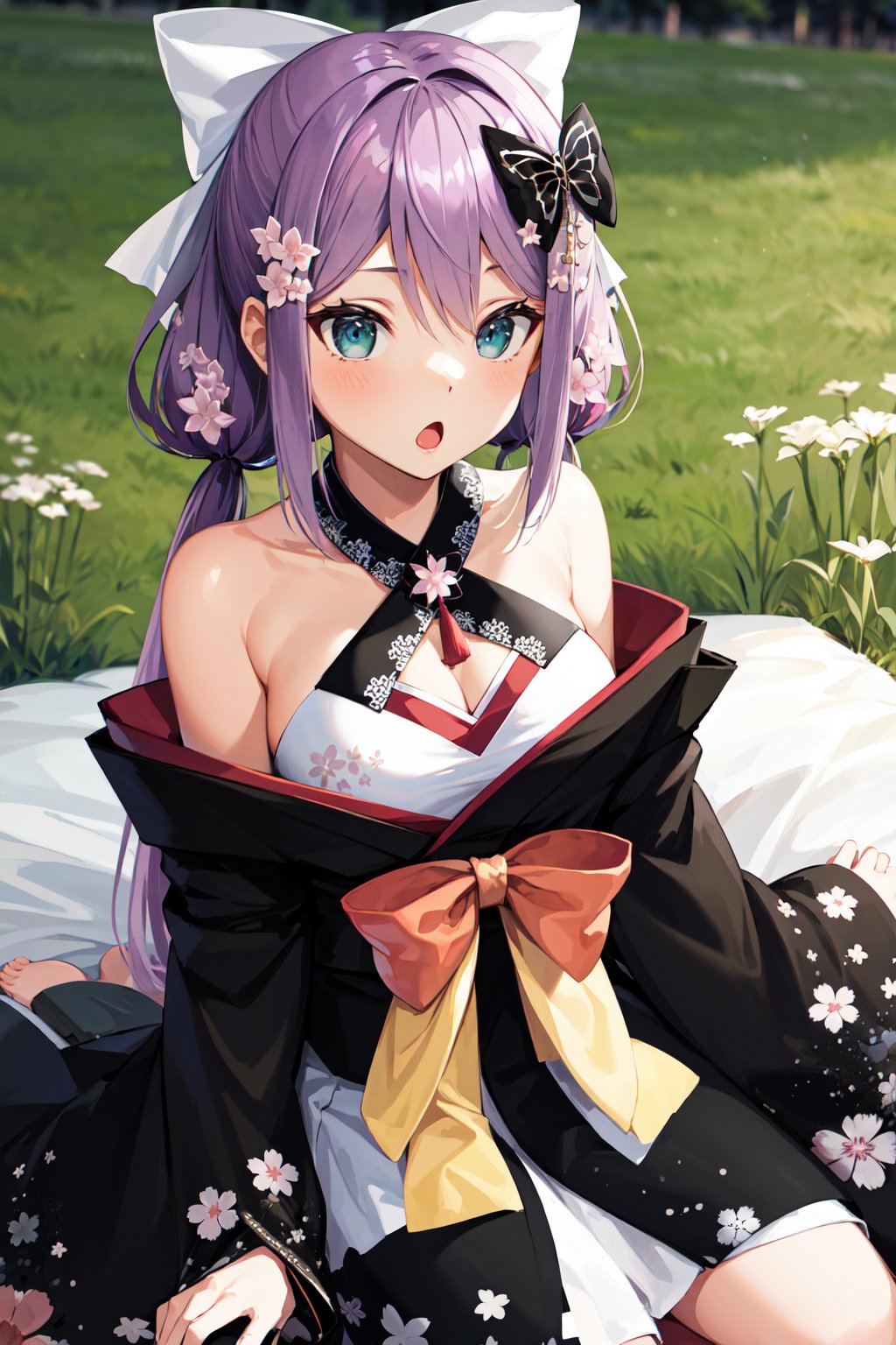 masterpiece, best quality, highres, aaritsuki, low twintails, hair ornament, hair bow, white bow, hair flower, halterneck, cleavage, off shoulder, japanese clothes, black kimono, long sleeves, wide sleeves, floral print, <lora:sakura_ritsuki_v1:0.7>, wariza, field, :o,