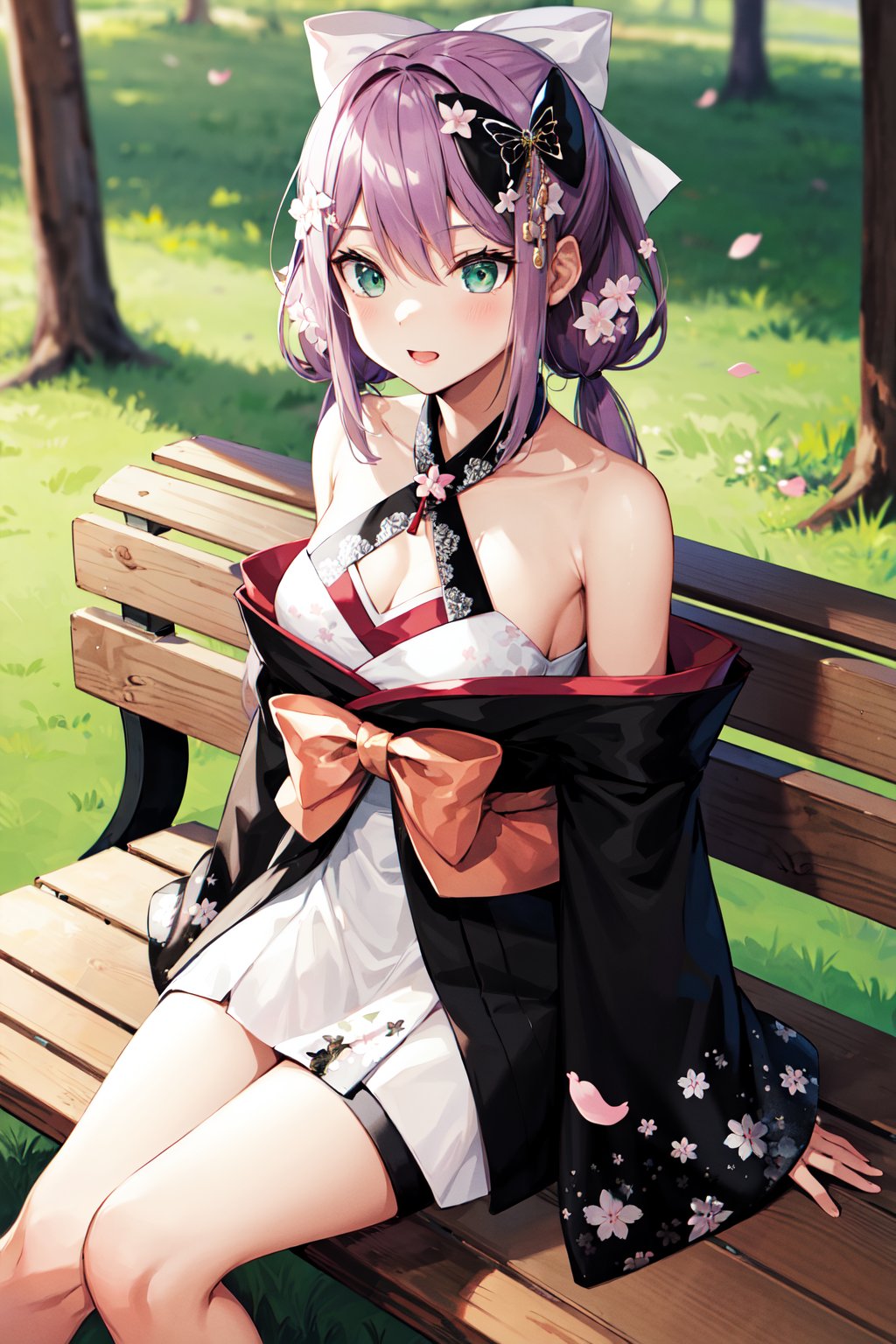 masterpiece, best quality, highres, aaritsuki, low twintails, hair ornament, hair bow, white bow, hair flower, halterneck, cleavage, off shoulder, japanese clothes, black kimono, long sleeves, wide sleeves, floral print, <lora:sakura_ritsuki_v1:0.7>, sitting, petals, bench, outdoors,