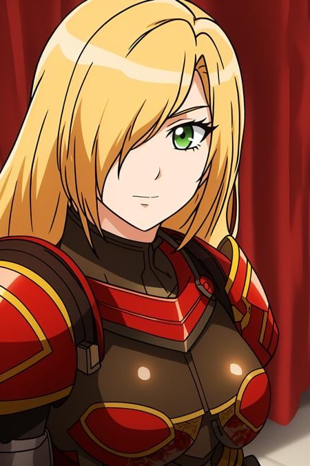 leinas, 1girl, solo, long_hair, breasts, looking_at_viewer, blonde_hair, very_long_hair, closed_mouth, green_eyes, upper_body, armor, hair_over_one_eye, cosplay, parody, shoulder_armor, red_background, pauldrons, breastplate, one_eye_covered, style_parody, samus_aran