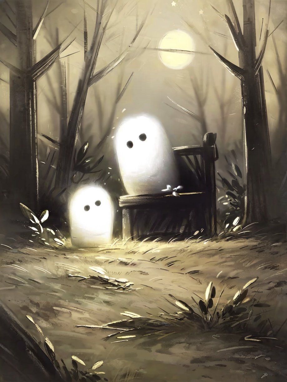 (((best quality,masterpiece,fine detailed,))),<lora:CJ wsj:1>,ghost,glowing ghost,1 a bear,play,in the forest,night,bright moon,happy,, (best quality, high quality, masterpiece,),