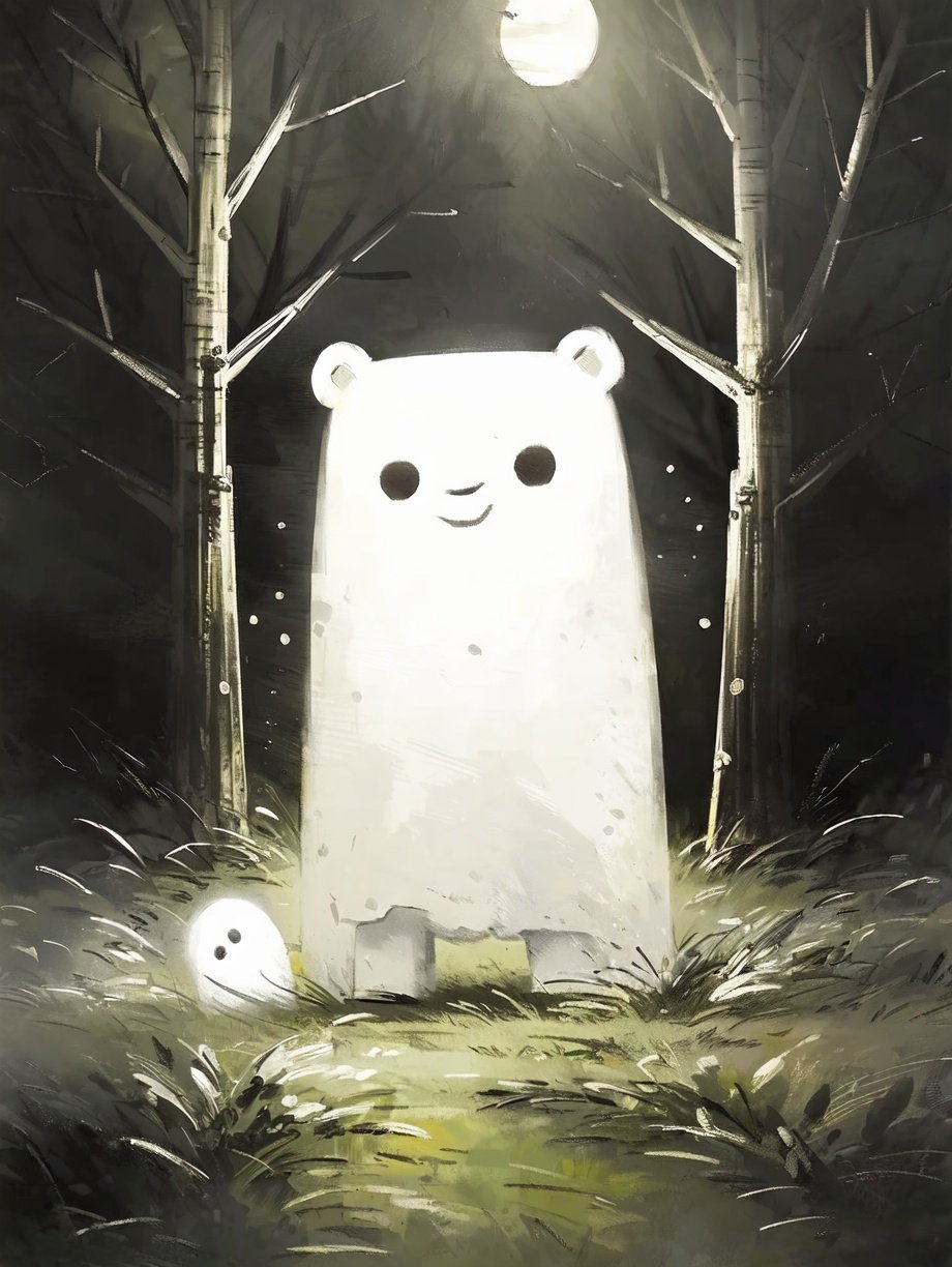 (((best quality,masterpiece,fine detailed,))),<lora:CJ wsj:1>,ghost,glowing ghost,1 a bear,play,in the forest,night,bright moon,happy,, (best quality, high quality, masterpiece,),