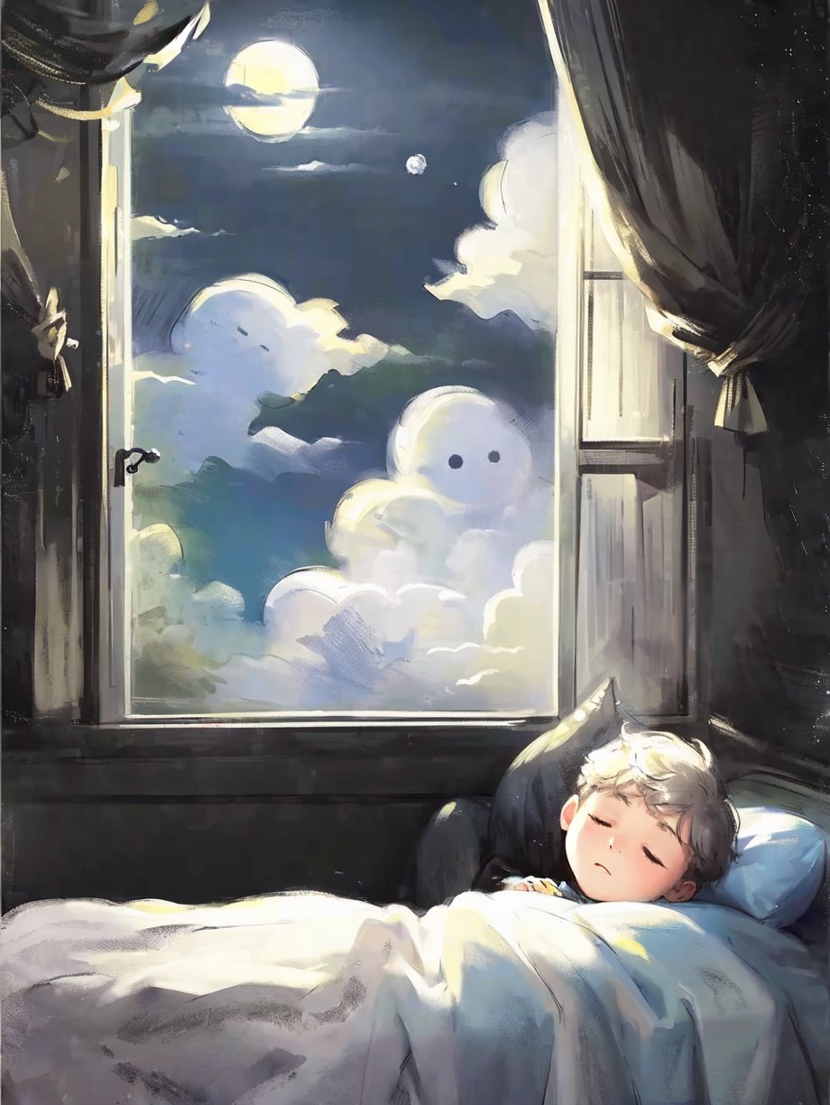 (((best quality,masterpiece,fine detailed,))),<lora:CJ wsj:1>,,a boy,sleeping,in bed,bed,window,in the room,outside the window is the moon,the bright moon,, (best quality, high quality, masterpiece,),