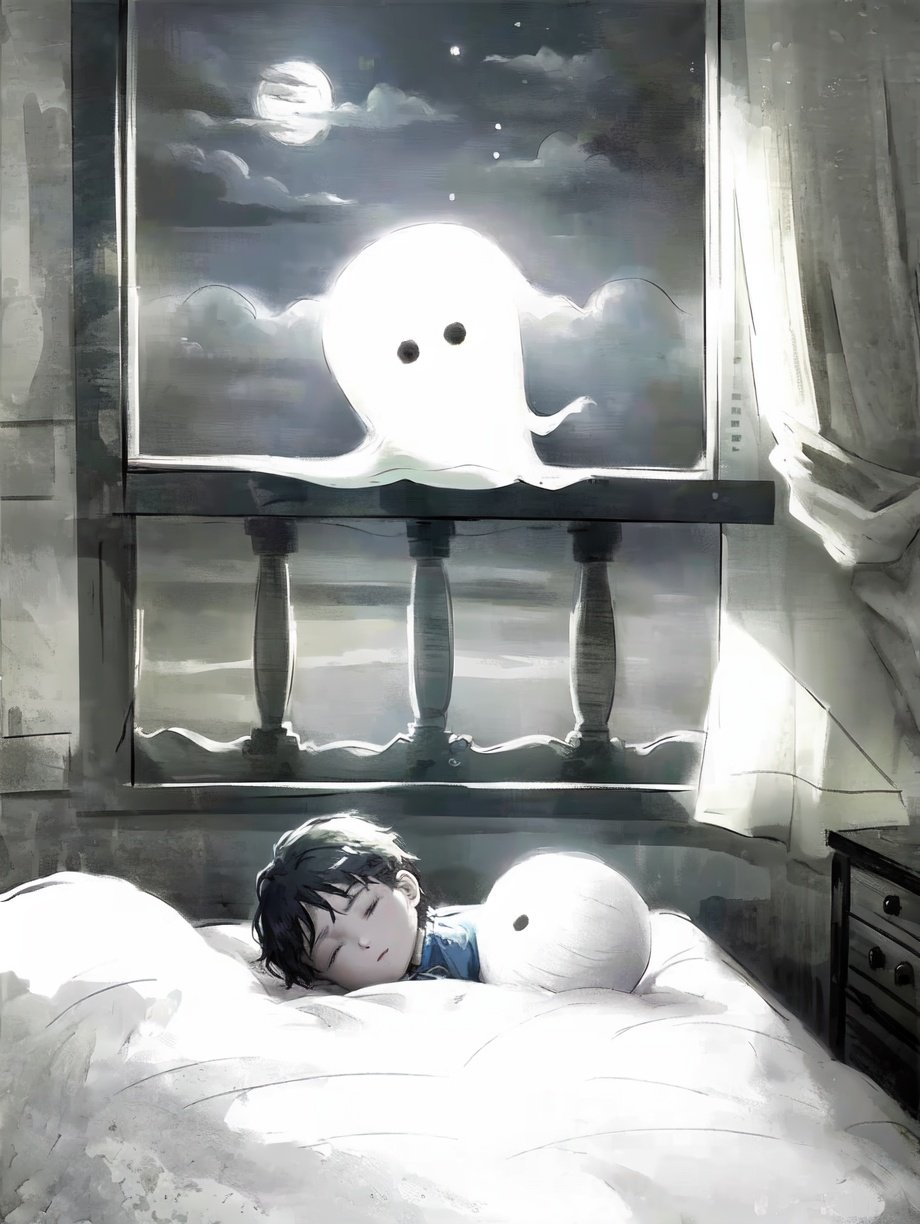 (((best quality,masterpiece,fine detailed,))),<lora:CJ wsj:1>,a boy,sleeping,in bed,bed,window,in the room,outside the window is the moon,the bright moon,cute ghost,the ghost looks at the boy,, (best quality, high quality, masterpiece,),