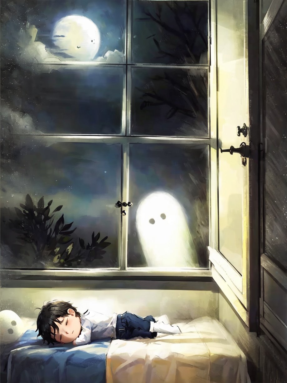 (((best quality,masterpiece,fine detailed,))),<lora:CJ wsj:1>,a boy,sleeping,in bed,bed,window,in the room,outside the window is the moon,the bright moon,cute ghost,the ghost looks at the boy,, (best quality, high quality, masterpiece,),