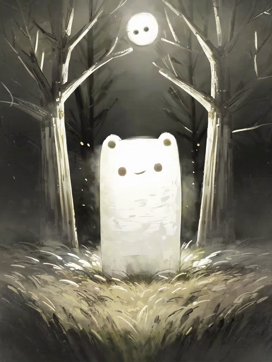 (((best quality,masterpiece,fine detailed,))),<lora:CJ wsj:1>,ghost,glowing ghost,1 a bear,play,in the forest,night,bright moon,happy,, (best quality, high quality, masterpiece,),