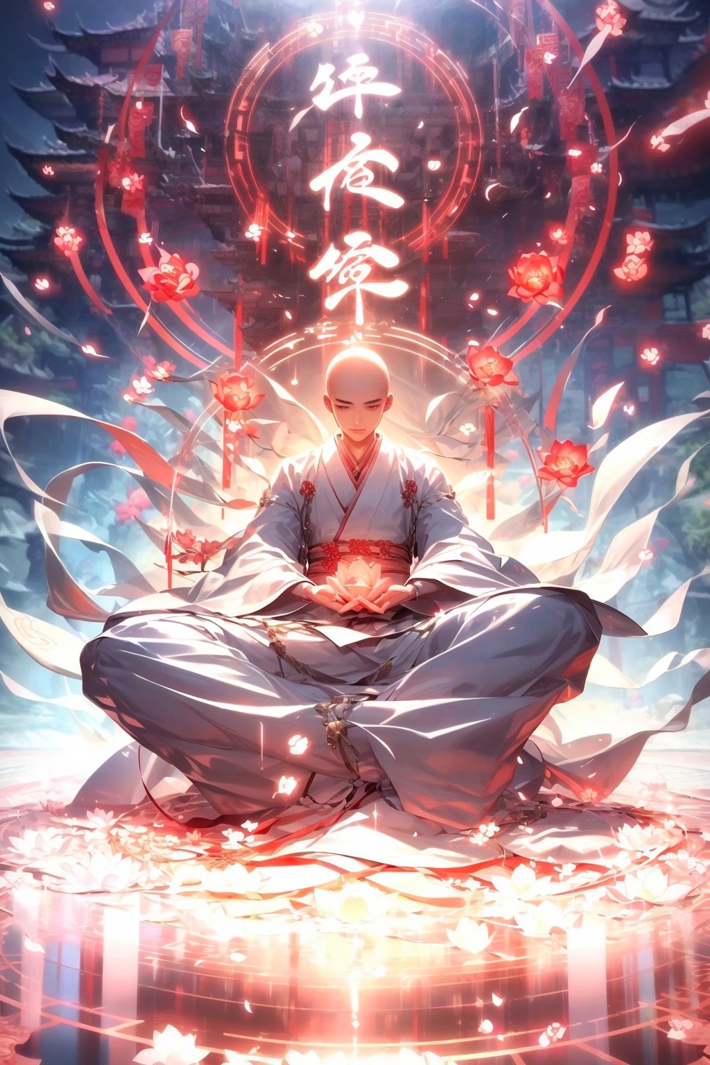  Best quality, 8k,cg,A handsome young Chinese monk doing yoga, sitting on a lotus flower, dressed in white and light red Hanbok, Chinese Kung Fu, Chinese style, futuristic, spinning, standing in front of many glowing text backgrounds, with various Chinese runes flashing in formation, including impact, explosion, special effects, perspective, 3D rendering, OC rendering, 8k