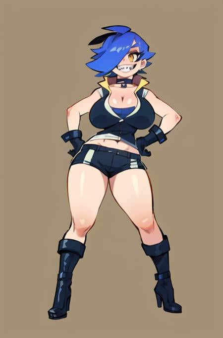 (masterpiece, official art), 1girl, solo, breasts, sharp teeth, yellow eyes, hood, large breasts, hoodie, blue hair, hair over one eye, solo, cleavage, teeth, gloves, shorts, hand on hip, smile, short hair, collar, grin, short shorts, high heels, ankle boots, hood down, choker, black gloves, purple hair, boots, bike shorts, standing, full body, outline, <lora:gerph-10_v7:0.9>