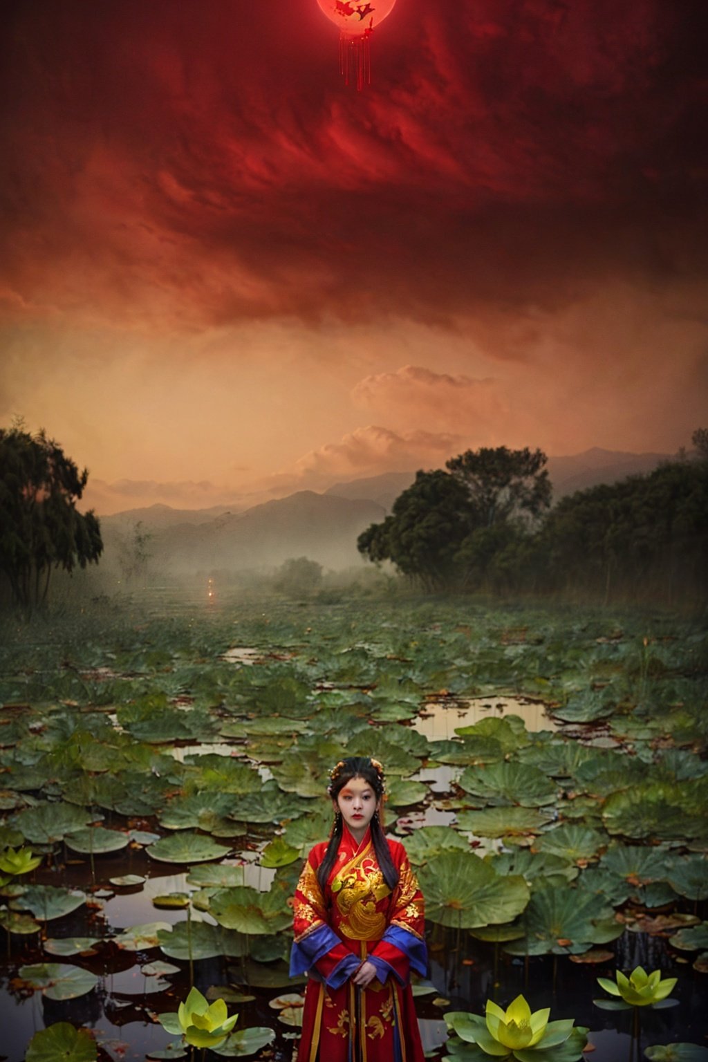  ((masterpiece)),((best quality)),8k,high detailed,ultra-detailed,upper body,((huangfu paper)),1girl,jiangshigirl costume,huangfu,(blood-red eyes)),painted face,with glowing eyes,floating above a field of lotus flowers. The surreal scene blends elements of traditional folklore with a fantastical dreamscape,creating an otherworldly and serene ambiance. ((floating:1.2)),(dreamlike),(lotus field),Unreal Engine rendering,exploring the intersection of dreams and the supernatural, qiuyinong