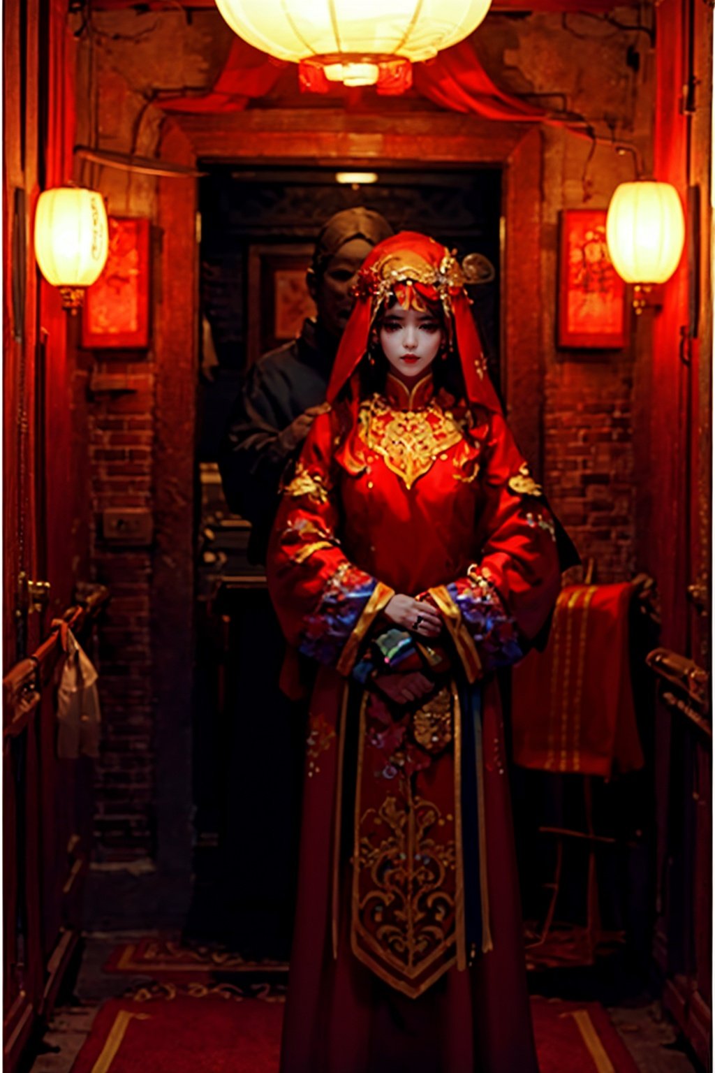  1girl,(masterpiece, top quality, best quality),horror (theme),
masterpiece,(masterpiece, top quality, best quality, ((no humans)), scenery, red theme, night,red and gold dress,qzfuling,Ghost Wedding, (Red Wedding Garment),The body is controlled by the puppet string,(masterpiece:1,2), best quality,Pure black eyes, empty eyes
masterpiece, highresoriginal,extremelydetailed wallpaper,perfect
lighting,(extremely detailed CG:1.2),drawing, Put on her own makeuppaintbrush,girl,Puppet show,(Silk control girl:1.2)