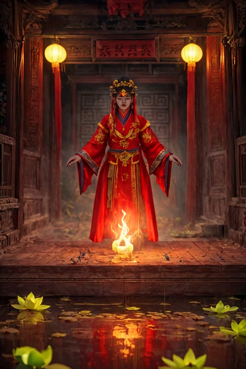  ((masterpiece)),((best quality)),8k,high detailed,ultra-detailed,upper body,((huangfu paper)),1girl,jiangshigirl costume,huangfu,(blood-red eyes)),painted face,with glowing eyes,floating above a field of lotus flowers. The surreal scene blends elements of traditional folklore with a fantastical dreamscape,creating an otherworldly and serene ambiance. ((floating:1.2)),(dreamlike),(lotus field),Unreal Engine rendering,exploring the intersection of dreams and the supernatural, qiuyinong