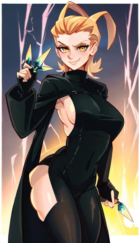 (cowboy shot),  sfw, (masterpiece), (best quality:1.0), (ultra highres:1.0), detailed eyesBREAK<lora:Larxene-000007:0.8> Larxene, 1girl, yellow eyes, smiling, smug, dynamic pose,holding, kunai, weapon, (lightning)black coat, open clothes, side boob, black pants<lora:gerph-10:0.8>BREAKcloudy, battlefield, desert, gorgeous view          