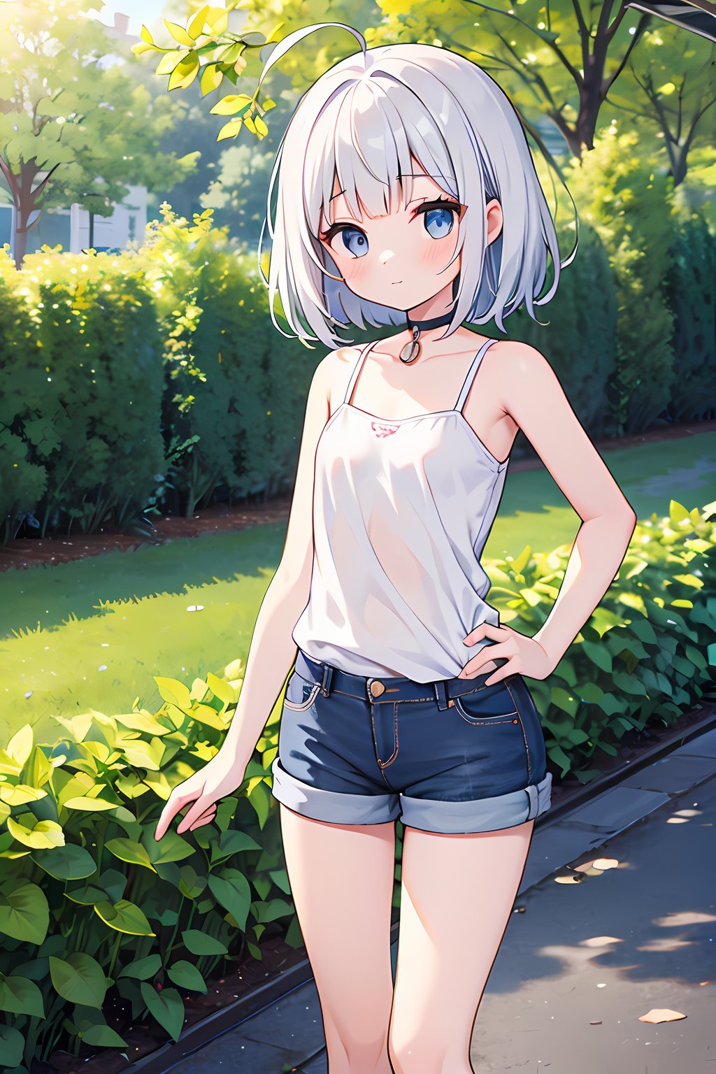 (absurdres, highres, ultra detailed, high resolution: 1.1)
BREAK
1 girl, solo, small breasts, flat chest,
BREAK
white hair, silver hair, puffy hair, short hair, messy hair, ahoge, blunt bangs, blue eyes,
BREAK
yellow camisole, denim short shorts, choker, (thick thighs:0.4),
BREAK
standing, looking at viewer, outdoors, park, garden, trees, flowers, sunny, soft sunlight, morning glow,
BREAK
nice hands, perfect hands,