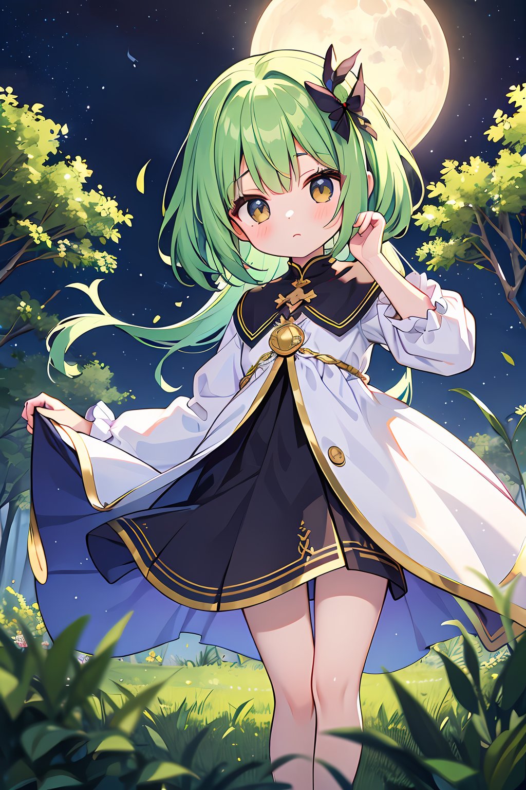 (absurdres, highres, ultra detailed, high resolution: 1.1)
BREAK
1 girl, solo, wide angle,
BREAK
long green hair, bright gold eyes,
BREAK
fairy wings, long nature dress,
BREAK
floating, forest, night sky, stars, crescent moon, looking at viewer,
BREAK
nice hands, perfect hands,