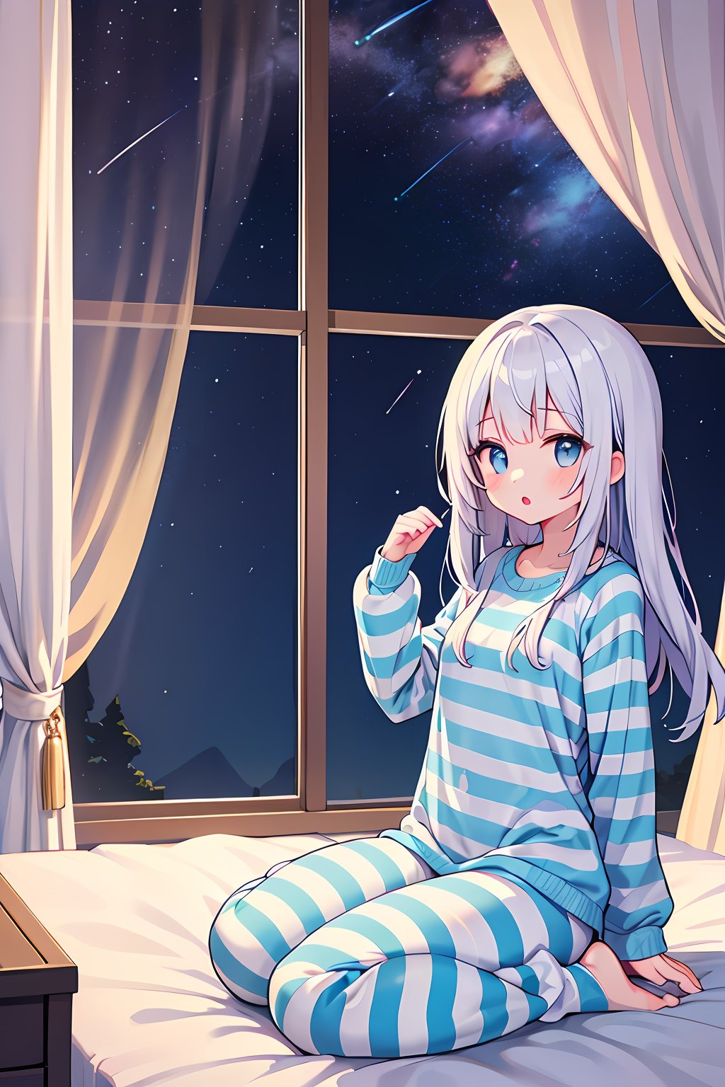 (absurdres, highres, ultra detailed, high resolution: 1.1)
BREAK
1 girl, solo, full body, wide angle,
BREAK
long hair, sleepy eyes, :o,
BREAK
striped pink blue pajamas and pants onesie, striped socks, striped knit night cap,
BREAK
sitting, bed, bedroom, window, night, galaxy, saturn, shooting stars,
BREAK
nice hands, perfect hands,