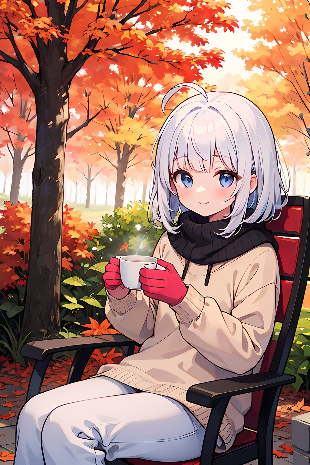 (absurdres, highres, ultra detailed, high resolution: 1.1)
BREAK
1 girl, solo, smile,
BREAK
silver hair, puffy hair, short hair, messy hair, ahoge, blunt bangs, blue eyes,
BREAK
turtle neck sweater, puffy turtle neck sweater, baggy pants, (mittens: 1.2),
BREAK
sitting in camping chair, looking at viewer, outdoors, nature, tent, evening, evening glow, autumn, autumn leaves, cup, hot chocolate, steam,
BREAK
nice hands, perfect hands,