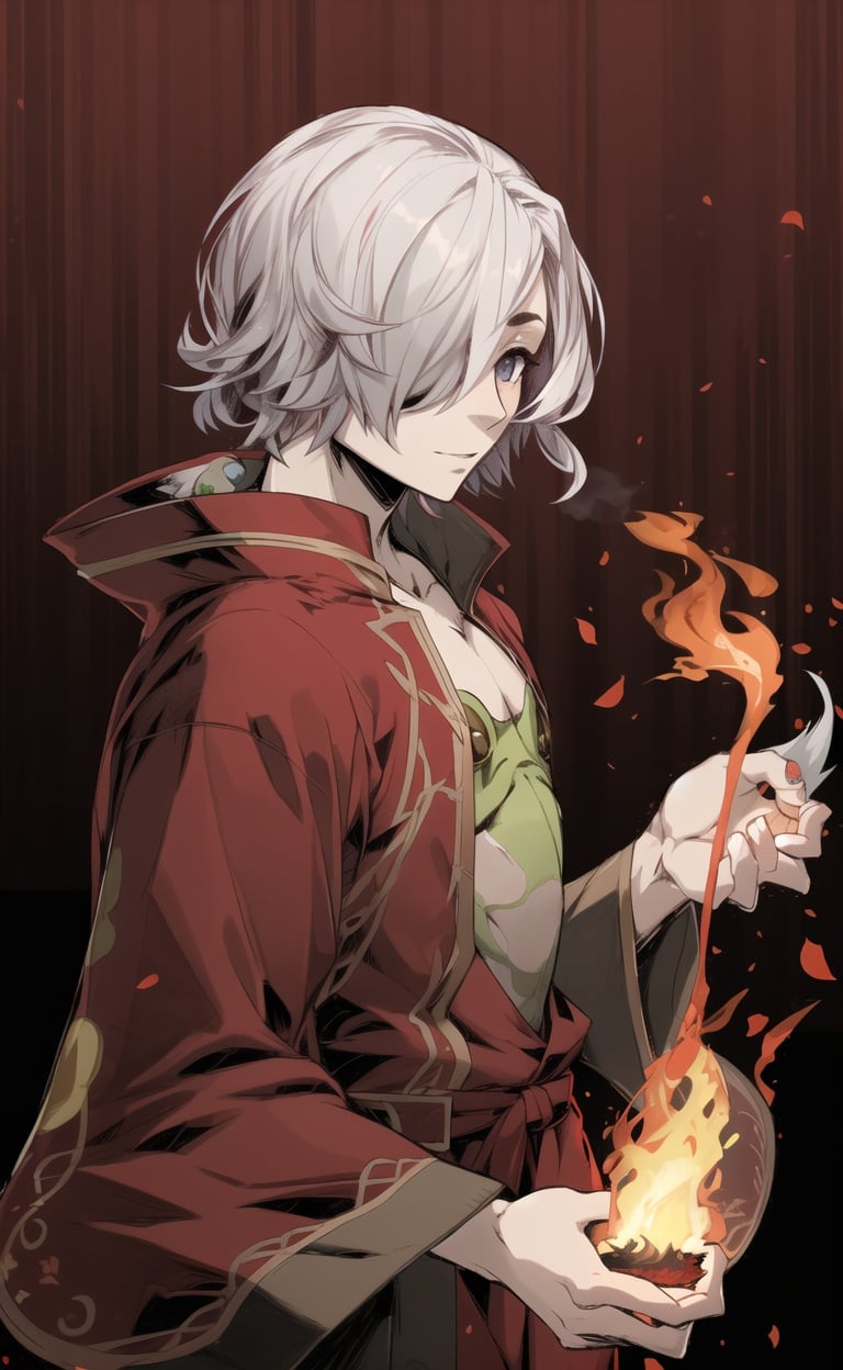 hires,8k,effect,high detail,effect background,(holding  fire frog:1.2)1boy,platinum hair,(unlight:1.3),hair over one eye,ink art,red robe,Chopping<lora:GoodHands-vanilla:1.2> <lora:Unlight:1>