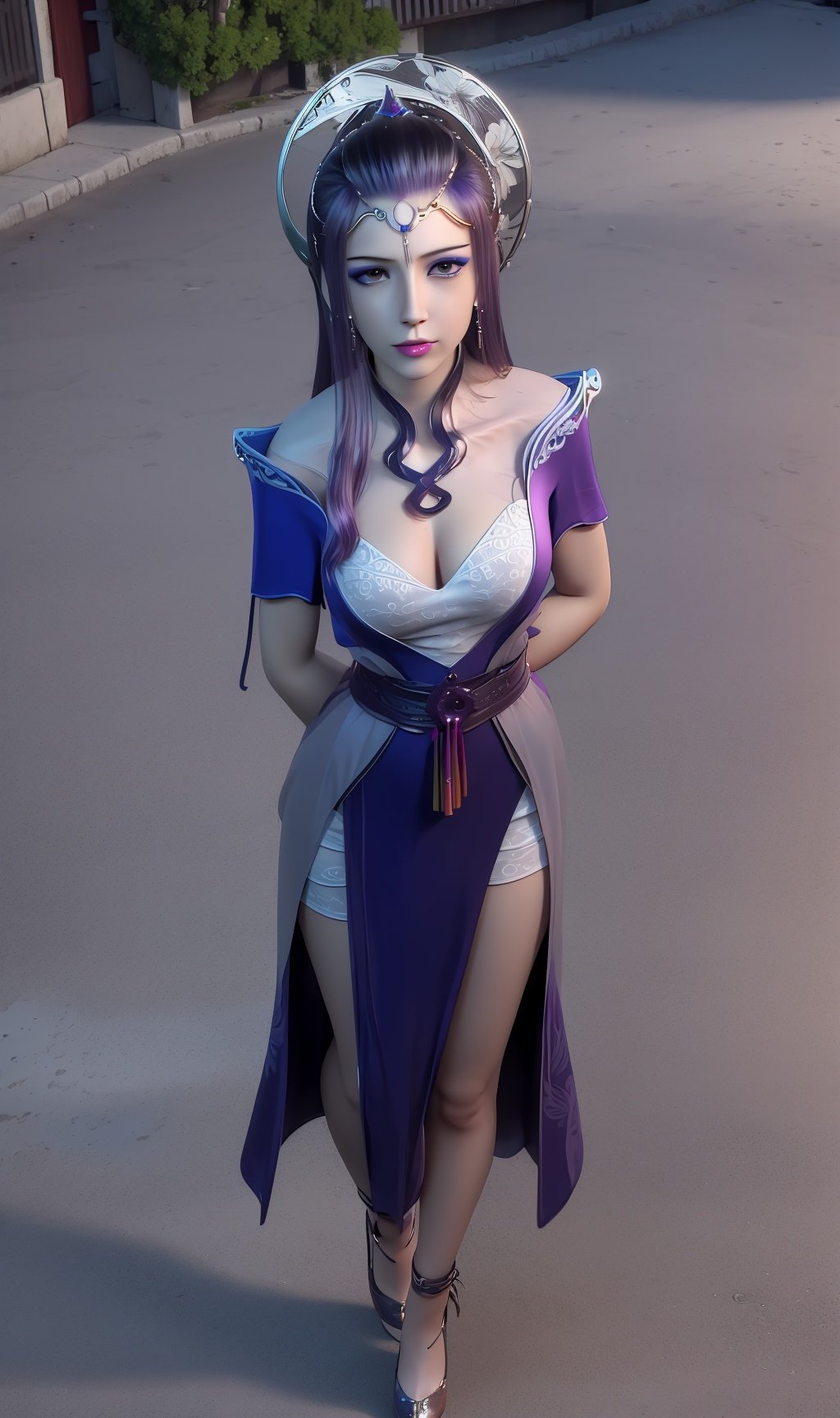 masterpiece,(best quality),(3d)official art, extremely detailed cg 8k wallpaper,((crystalstexture skin)), (extremely delicate and beautiful),highly detailed,1girl,solo,long hair,headwear,(standing),(purple  hair),(closed mouth),makeup,jewelry,earrings,legs,dress,chinese_clothes,magic_circl,high_heels,(Outdoor, Street, Sunny),(arms behind back)looking_at_viewer, (cleavage, medium breasts), (full body), <lora:hipoly3DModelLora_v10:0.3> <