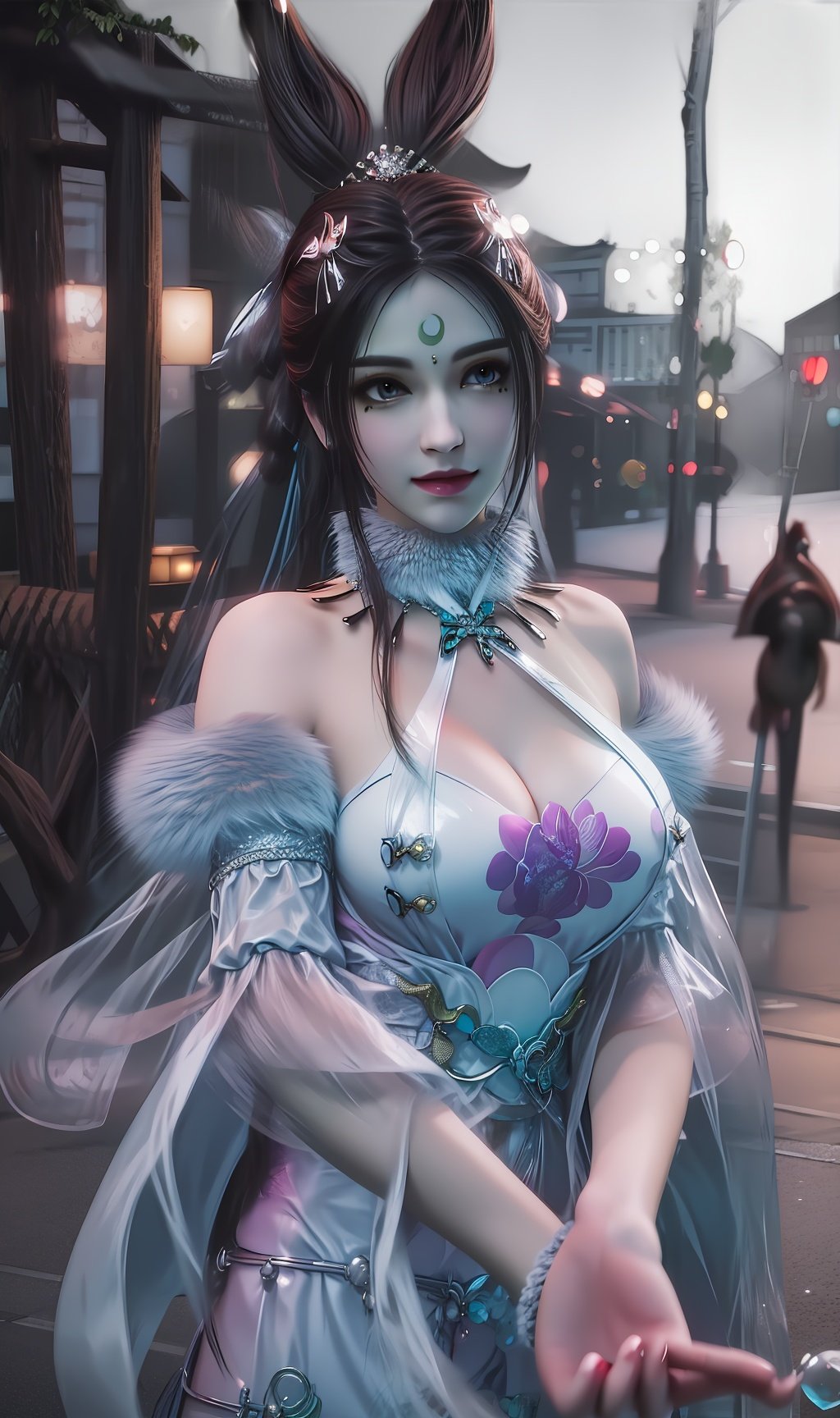 masterpiece,(best quality),official art, extremely detailed cg 8k wallpaper,((crystalstexture skin)), (extremely delicate and beautiful),highly detailed,1girl,solo,long hair,headwear,(standing),(hair),(closed mouth),,(chinese clothes,chinese dress),（whole body)(hair_bun，(Outdoor, Street, Sunny),rabbit_ears,looking_at_viewer, (cleavage, medium breasts), (upper body), <lora:hipoly3DModelLora_v10:0.3> <lora:枫岫-永劫无间-白骨夫人04:0.75>