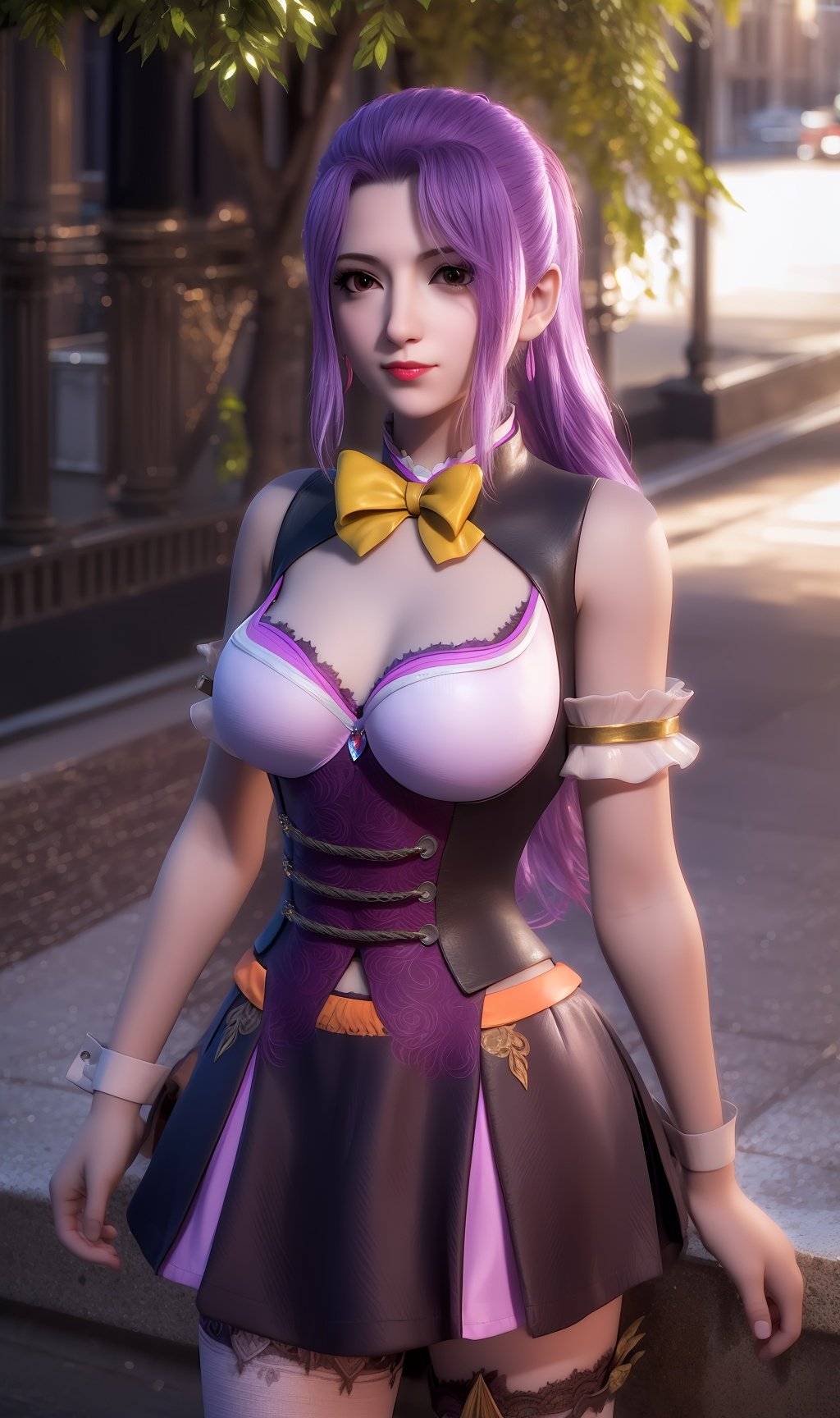 masterpiece,(best quality),official art, extremely detailed cg 8k wallpaper,((crystalstexture skin)), (extremely delicate and beautiful),highly detailed,1girl,solo,long hair,headwear,(standing),(purple hair),(closed mouth),dress,3d,(Outdoor, Street, Sunny),white thighhighs，skirt,pantyhose,looking_at_viewer, (cleavage, medium breasts), (upper body), <lora:hipoly3DModelLora_v10:0.3> <lora:枫岫-斗罗大陆-荷官02:0.7>