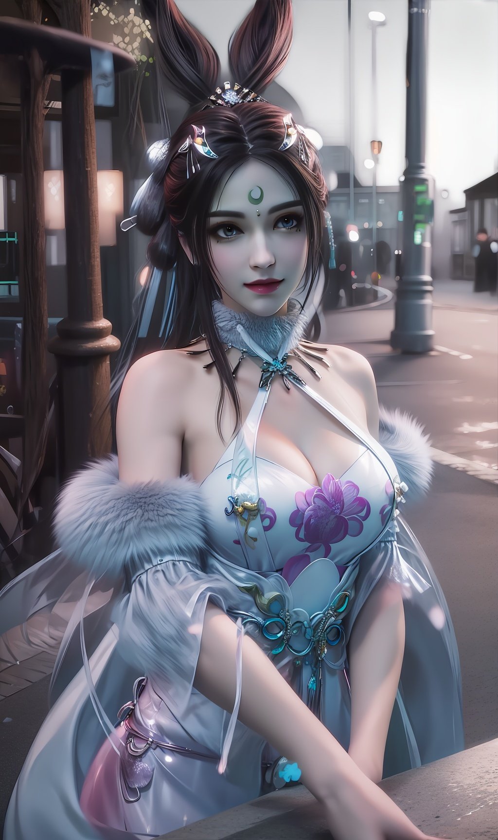 masterpiece,(best quality),official art, extremely detailed cg 8k wallpaper,((crystalstexture skin)), (extremely delicate and beautiful),highly detailed,1girl,solo,long hair,headwear,(standing),(hair),(closed mouth),,(chinese clothes,chinese dress),（whole body)(hair_bun，(Outdoor, Street, Sunny),rabbit_ears,looking_at_viewer, (cleavage, medium breasts), (upper body), <lora:hipoly3DModelLora_v10:0.3> 