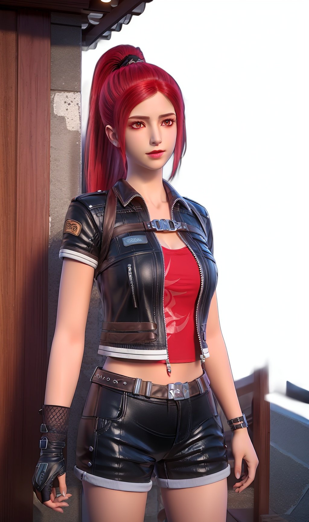 masterpiece,(best quality),official art, extremely detailed cg 8k wallpaper,((crystalstexture skin)), (extremely delicate and beautiful),highly detailed,1girl,solo,long hair,headwear,(standing),(red hair),(closed mouth),gloves,boots,fingerless_gloves,shorts,ponytail,fishnets,high_heel_boots,jacket,3d,(Outdoor, Street, Sunny),looking_at_viewer, (cleavage, medium breasts), (upper body), <lora:hipoly3DModelLora_v10:0.3> 