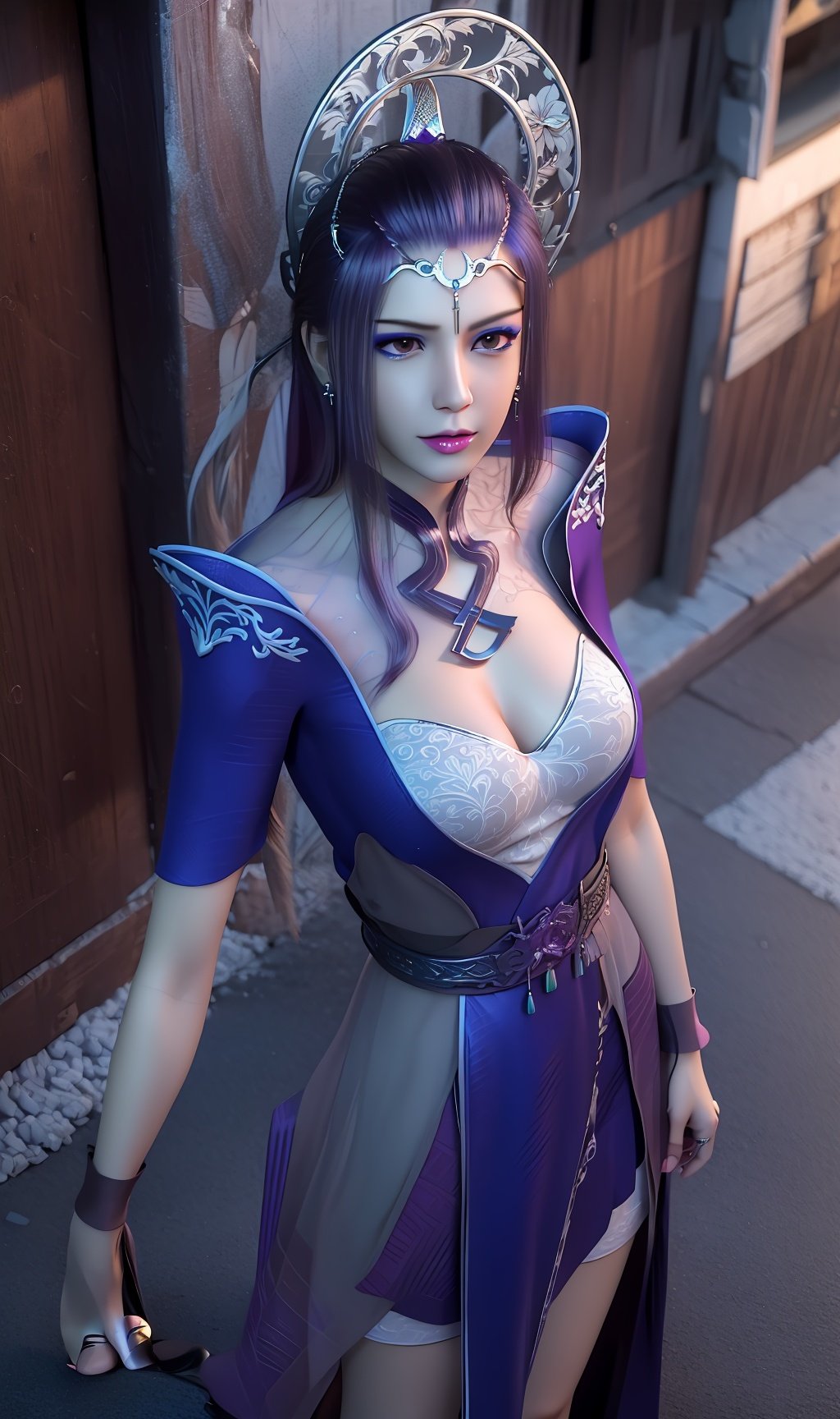 masterpiece,(best quality),(3d)official art, extremely detailed cg 8k wallpaper,((crystalstexture skin)), (extremely delicate and beautiful),highly detailed,1girl,solo,long hair,headwear,(standing),(purple  hair),(closed mouth),makeup,jewelry,earrings,legs,dress,chinese_clothes,magic_circl,(Outdoor, Street, Sunny),looking_at_viewer, (cleavage, medium breasts), (upper body), <lora:hipoly3DModelLora_v10:0.3>  <lora:枫岫-少年歌行-月姬04:0.75>