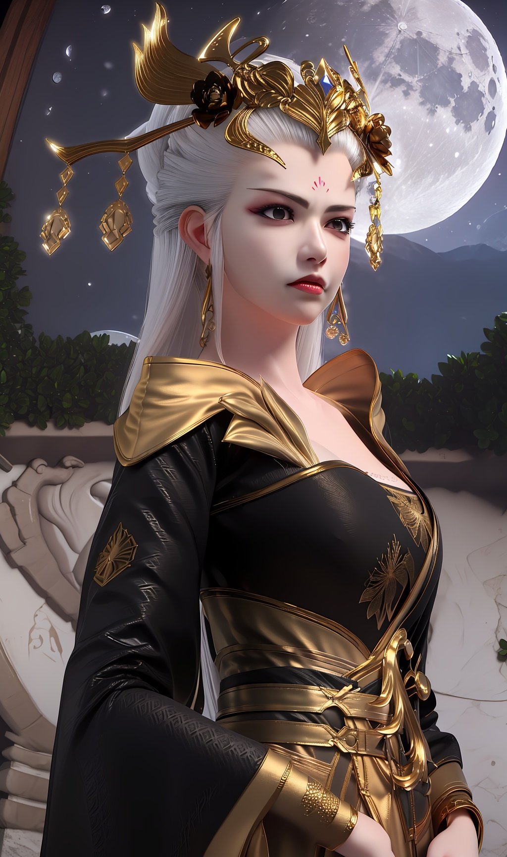 masterpiece,(best quality),(3d)official art, extremely detailed cg 8k wallpaper,((crystalstexture skin)), (extremely delicate and beautiful),highly detailed,1girl,solo,long hair,headwear,(standing),(  hair),(closed mouth),dress,black dress,(Outdoor, night,moon),looking_at_viewer, (cleavage, medium breasts), (upper body), <lora:hipoly3DModelLora_v10:0.3>