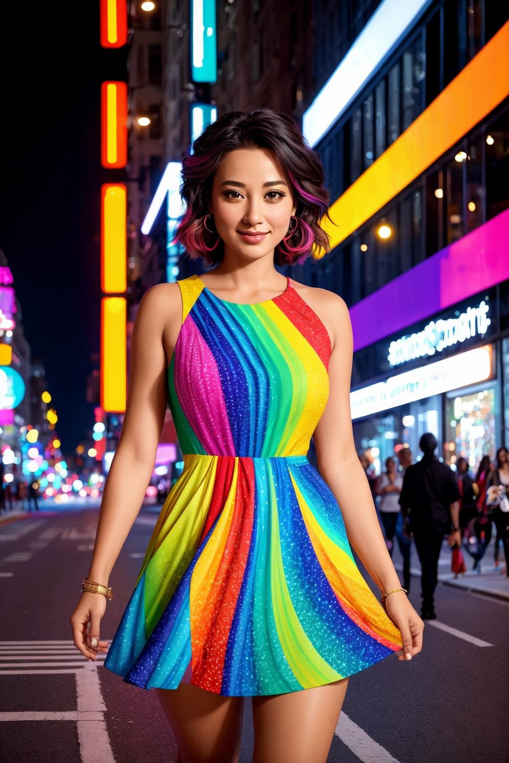 Create a digital painting of a 35-year-old female standing in the middle of a busy city street at night, with colored lights illuminating the scene. The subject is wearing a vibrant dress with a bold pattern, and she has a confident expression on her face. The painting is rendered in exquisite detail, with the colors and lighting giving the scene a vibrant and energetic feel