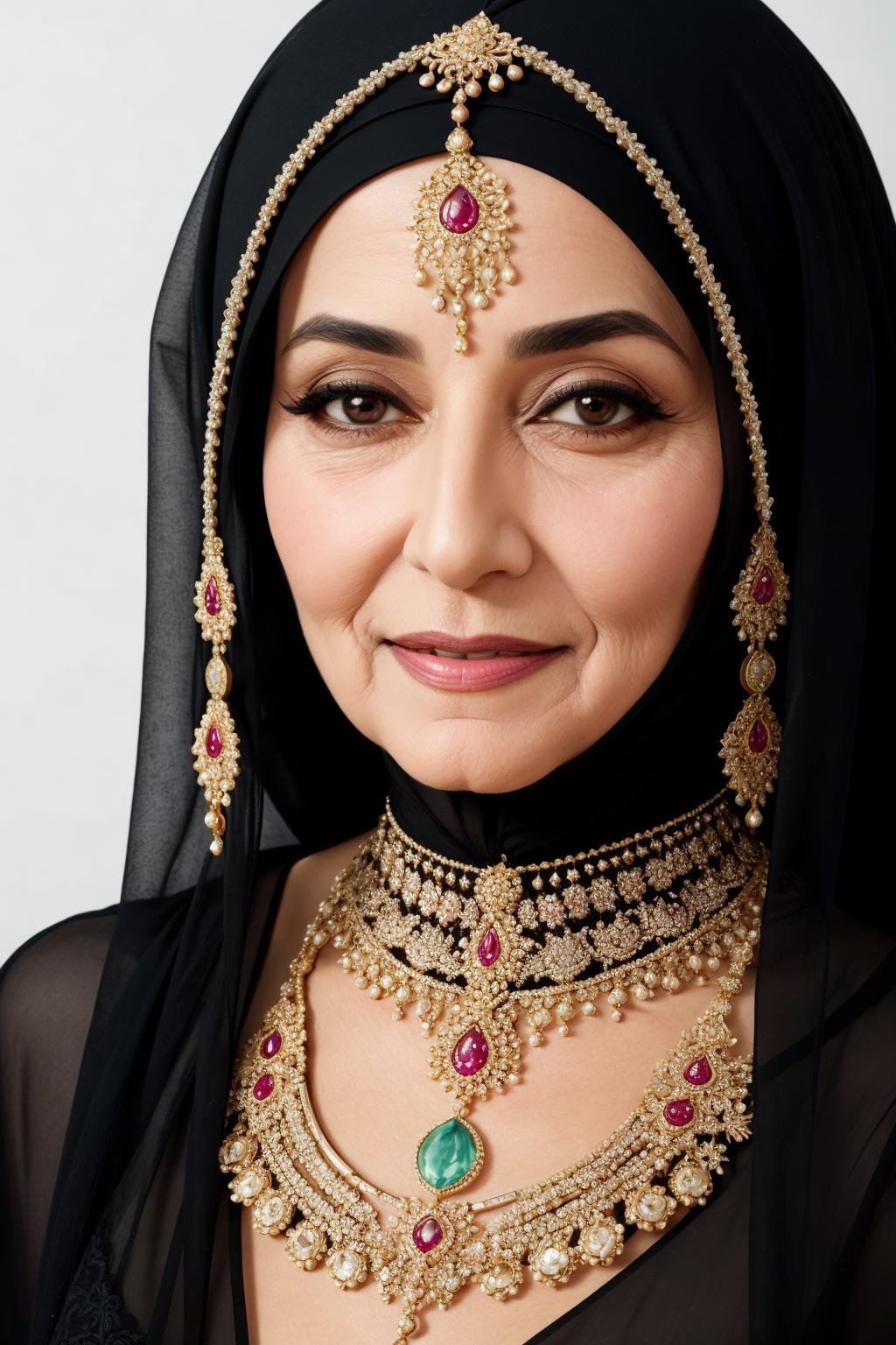 Produce a hyper-realistic portrait of a 70-year-old Arabic female wearing a hejab and a stunning dress adorned with intricate jewelry. The subject is set against a colored background that complements her clothing, with a warm and friendly expression that conveys wisdom and experience. The details of the jewelry are rendered in exquisite detail, and the subject’s skin and eyes are ultra-detailed, with a touch of natural beauty that exudes grace and elegance.