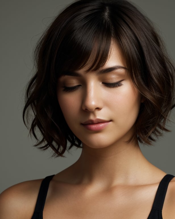 face closeup,closed eyes,beautiful girl,brunette,short hair,curly bob cut,dark theme, detailed skin, empty background