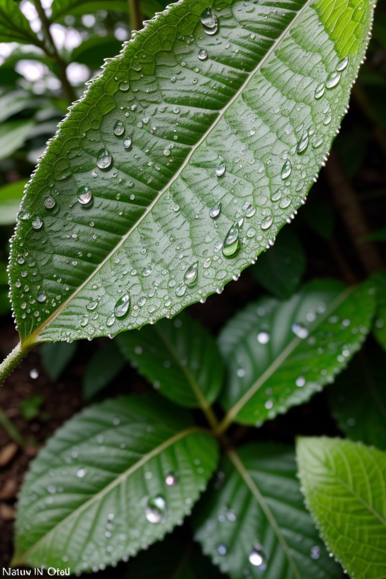 (best quality,highres:1.2),raw photo,leaf,water droplets,natural lighting,macro close-up,vivid colors,shallow depth of field,details of texture,bokeh,greenery and foliage,reflection on the water surface,moisture on the leaves,transparency of water droplets,dew on the leaf veins,fresh and vibrant,refreshing nature,close observation of nature,immersive experience,subtle shadows and highlights,Raw Photo