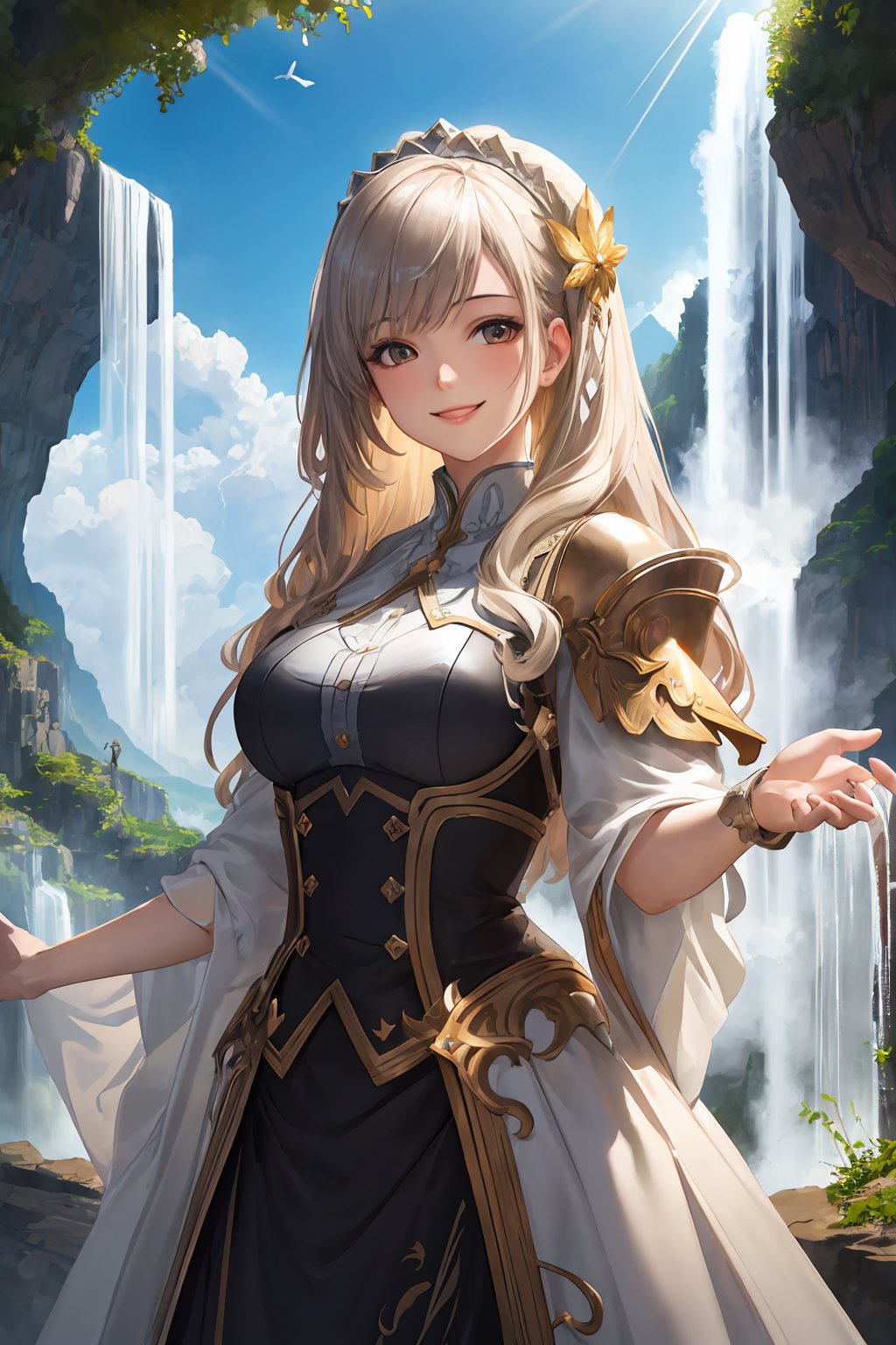 (best quality:1.2), (hyper detailed), 

masterpiece,best quality,official art,extremely detailed CG unity 8k wallpaper,,1girl,seductive smile, light rays, standing, upper body,,above clouds,waterfall, bird,,