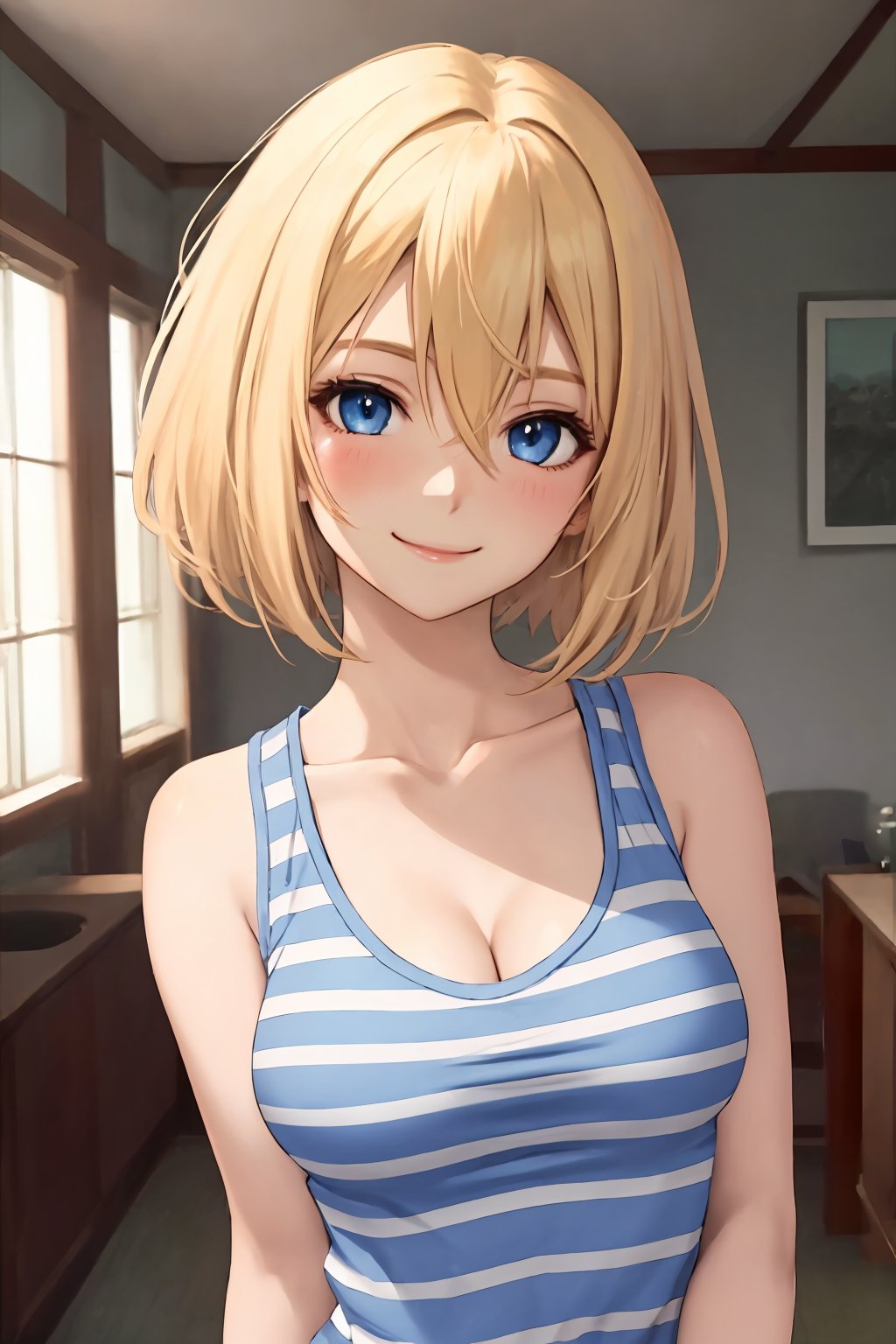 (best quality:1.2), (hyper detailed), 

anime screencap, 1girl, solo, breasts, looking at viewer, blush, smile, short hair, bangs, blue eyes, blonde hair, shirt, cleavage, hair between eyes, bare shoulders, medium breasts, closed mouth, collarbone, upper body, sleeveless, striped, blurry, head tilt, sleeveless shirt, blurry background, clothes pull, tank top, striped shirt, pulled by self, shirt pull