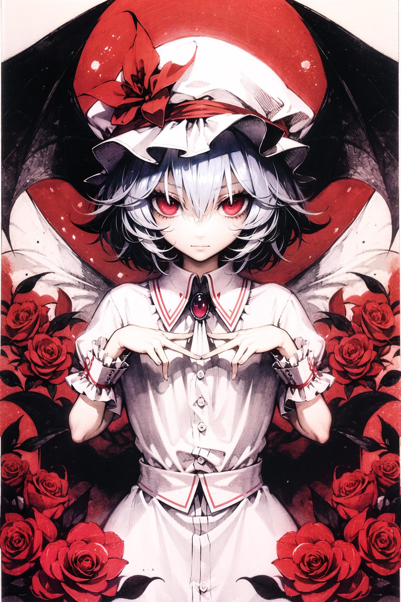 1girl, solo, remilia scarlet, wings, hat, flower, bat wings, red eyes, wrist cuffs, short hair,  hat ribbon, upper body, ribbon, slit pupils, looking at viewer, traditional media, blue hair, <lora:Banpai Akira:0.8>