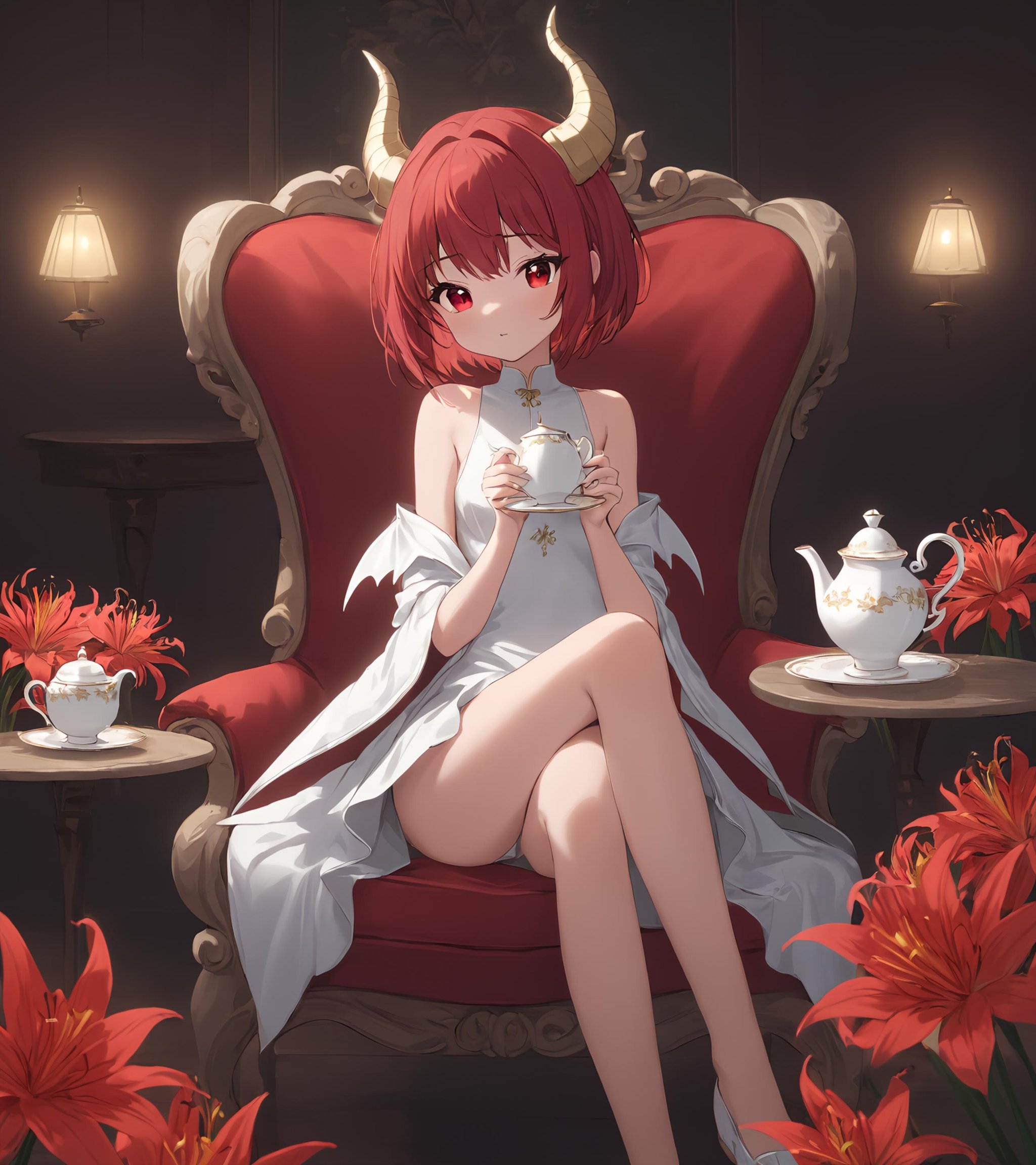 (masterpiece),(highest quality),highres,(an extremely delicate and beautiful),(extremely detailed),solo, cup, 1girl, red hair, red eyes, sitting, crossed legs, flower, teacup, looking at viewer, red flower, white dress, dress, one side up, wings, small breasts, holding, breasts, feet out of frame, table, covered navel, bare shoulders, holding cup, short hair, bangs, teapot, sleeveless dress, horns,BREAKIn a quaint café imbued with the aroma of fresh coffee, a beguiling young maiden sits, her presence an ethereal blend of fantasy and modernity. Draped in a stylish jacket, T-shirt, and skirt that flirt with the contours of today's fashion, she is not just any patron. From her back sprout dragon wings, unfurled yet at peace, and a dragon tail that coils elegantly around her chair. In her delicate hands, she cradles a bunch of lycoris flowers, their vibrant hue a poetic contrast to her enigmatic aura.
