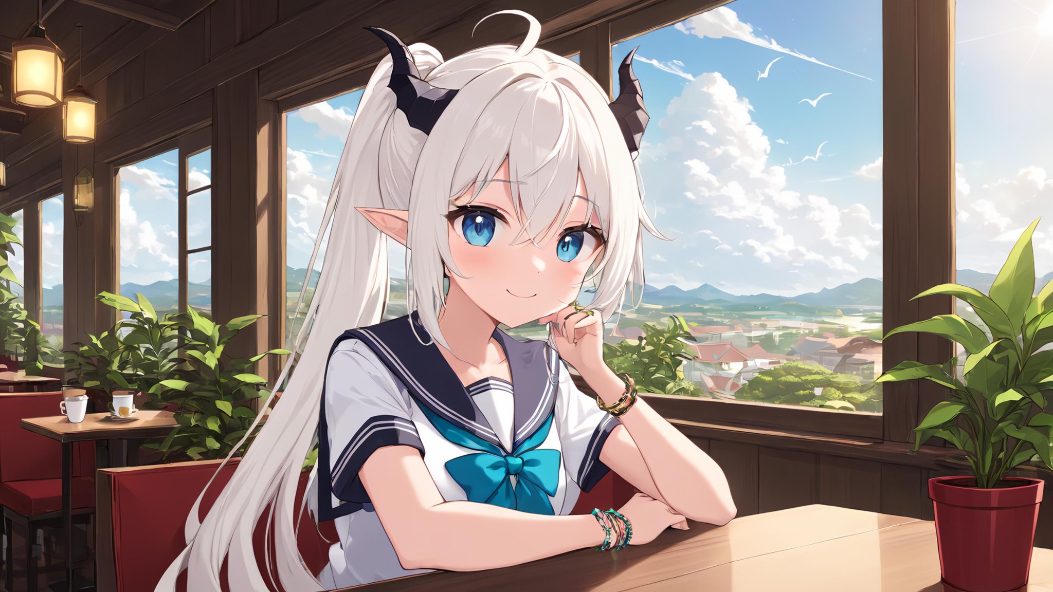 (masterpiece),(highest quality),highres,(an extremely delicate and beautiful),(extremely detailed),1girl, dragon wings, dragon horns, dragon tail, solo, horns, blue eyes, looking at viewer, cup, wings, indoors, short sleeves, sitting, bracelet, long hair, shirt, white shirt, pointy ears, bangs, ponytail, plant, window, jewelry, closed mouth, dragon horns, cafe, day, disposable cup, potted plant, white hair, serafuku, cloud, hair between eyes, sky, sailor collar, blush, dragon girl, school uniform, table, scenery, demon wings, sidelocks, upper body, looking to the side, smileBREAKA dragon girl with white hair and blue eyes sits alone in a cozy cafe. She has pointy ears, dragon horns, and demon wings folded behind her. Wearing a white serafuku with a sailor collar, she smiles softly while looking to the side, as if lost in thought. Her long hair is tied in a ponytail, with bangs neatly framing her face and sidelocks hanging down. She holds a disposable cup in her hand, and a potted plant decorates the table. The window behind her reveals a cloudy sky, and her various pieces of jewelry, including a bracelet, glint subtly in the daylight.