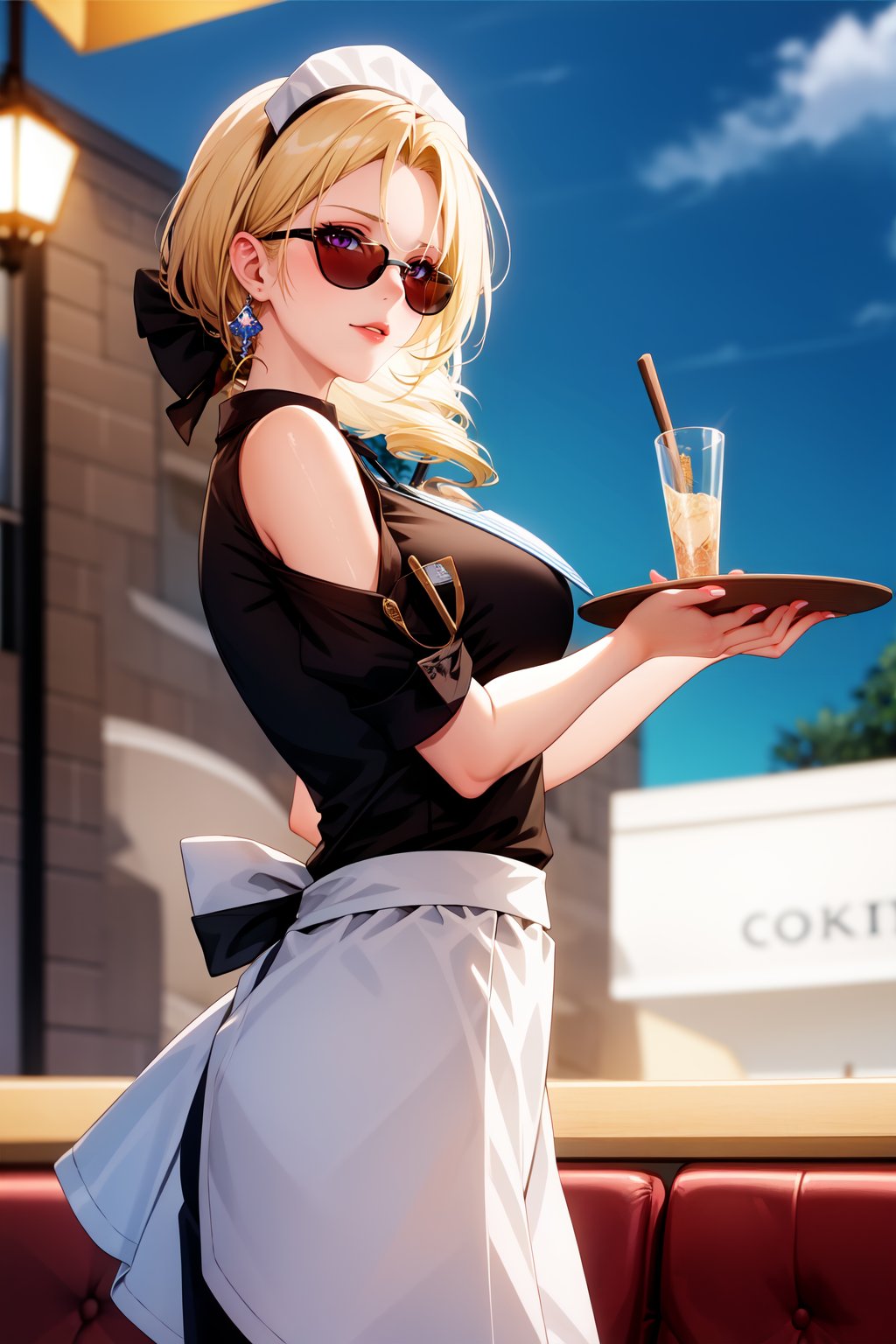 masterpiece, best quality, CocoliaV5, 1girl, solo, ((waitress)), restaurant, sunglasses, <lora:CocoliaV5:0.7>