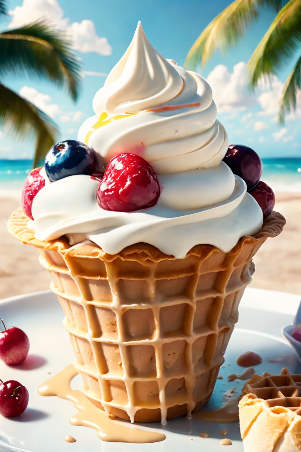 (ultra-detailed,highres:1.2),realistic,professional,close-up,ice cream,cone,cinematic,vivid colors,delicious,tempting,joyful,happiness,summer,tropical vibes,melting,refreshing,dripping,detailed texture,crisp waffle cone,scoop of creamy ice cream,indulgent treat,whipped cream and cherry on top,crunchy sprinkles,colorful toppings,playful swirls of flavor,licking,mouth-watering,irresistible,tempting aroma,wide shot,focused shot,cinematic lighting,dreamy colors,soft pastel palette,creamy white background,sharp focus,on a sunny day,a girl enjoying her ice cream,licking with delight,smiling face,full of joy and happiness,enjoying the summer,laughing with friends,relaxing in the shade of a palm tree,feeling the cool breeze,beach in the background,blue sky and white fluffy clouds,perfectly captured moment,captivating composition,heartwarming scene