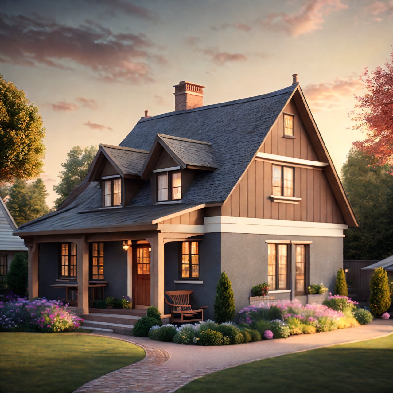 "Inviting 3D render, depicting a cozy house nestled in a quaint village setting. The house exudes warmth and comfort, with a charming exterior and well-tended garden. Surrounding houses and village scenery add to the picturesque atmosphere, enhancing the sense of community. Every architectural detail is carefully crafted to evoke a feeling of homeliness and tranquility."