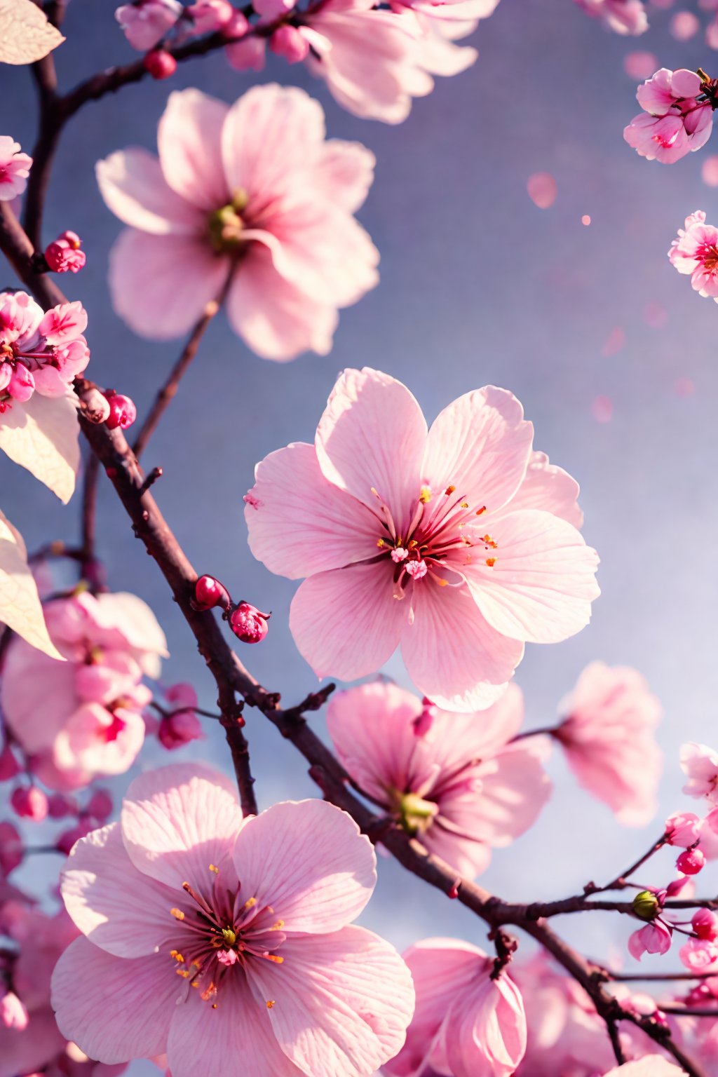 (best quality,4k,8k,highres,masterpiece:1.2),ultra-detailed,(realistic,photorealistic,photo-realistic:1.37),cherry tree,cherry flower,close up,macro photography,beautiful delicate cherry blossoms,vibrant pink petals,fragrant scent of cherry blossoms,subtle play of light and shadow on the tree branches,soft sunlight filtering through the cherry blossoms,captivating beauty of nature in full bloom,springtime serenity,peaceful atmosphere under the cherry tree,blossoming branches reaching towards the sky,fresh green leaves juxtaposed with the vibrant pink flowers,delicate details of the cherry petals,small insects buzzing around the flowers,pollen gently carried by the breeze,bees collecting nectar from the cherry blossoms,up-close view of the intricate flower structure,petals gently swaying in the wind,immersive experience of being surrounded by cherry blossoms,every petal showcasing its unique beauty,ethereal and dreamlike ambiance,refreshing and rejuvenating natural scene.