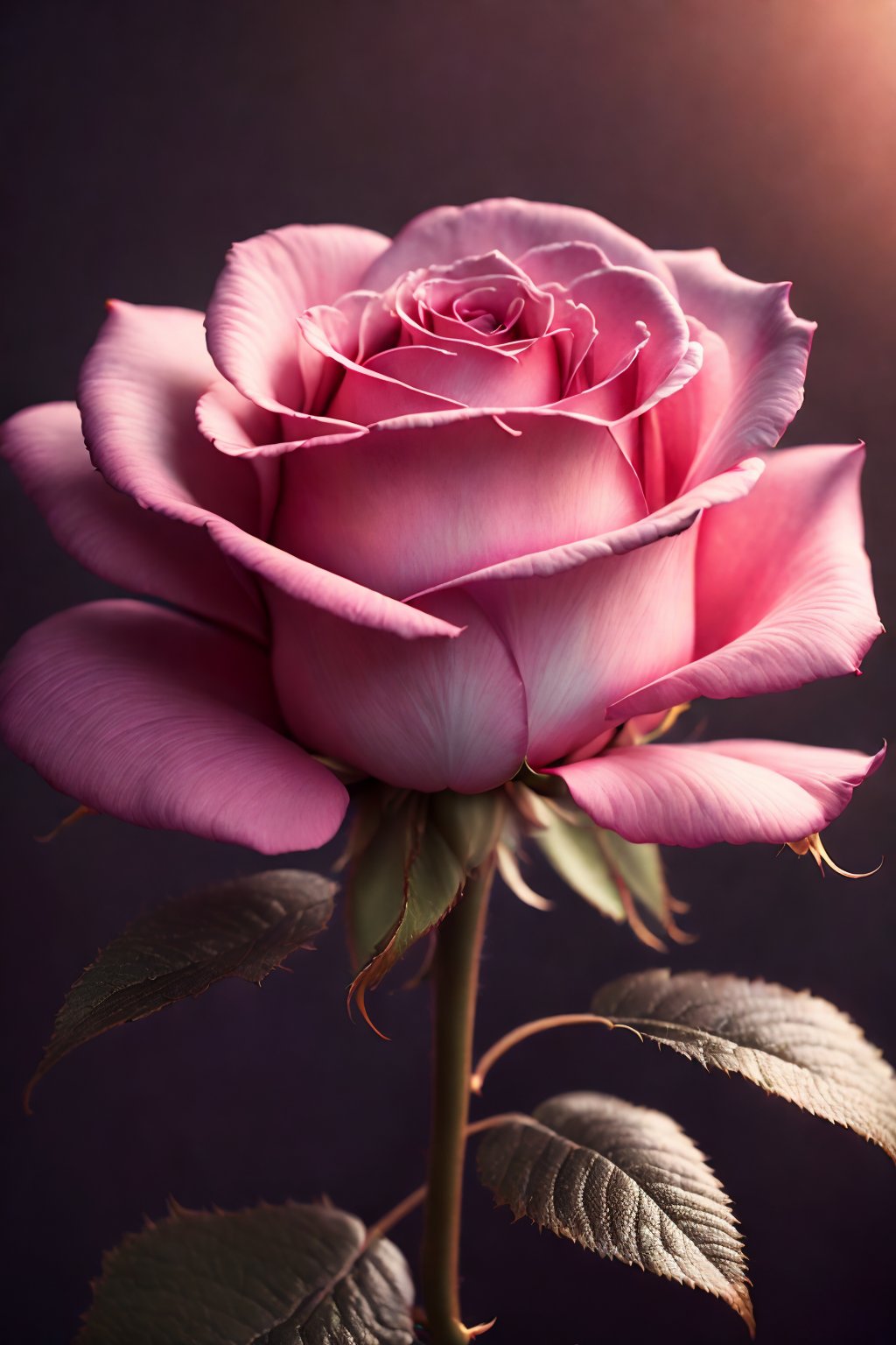 (best quality,200K,highres,masterpiece), ultra-detailed, (photo-realistic, realistic) photograph of a stunningly beautiful pink rose. Captured in a cinematic studio setting, this high-resolution image brings out the intricate details of the petals and the vivid color of the rose, making it a true masterpiece of floral photography.