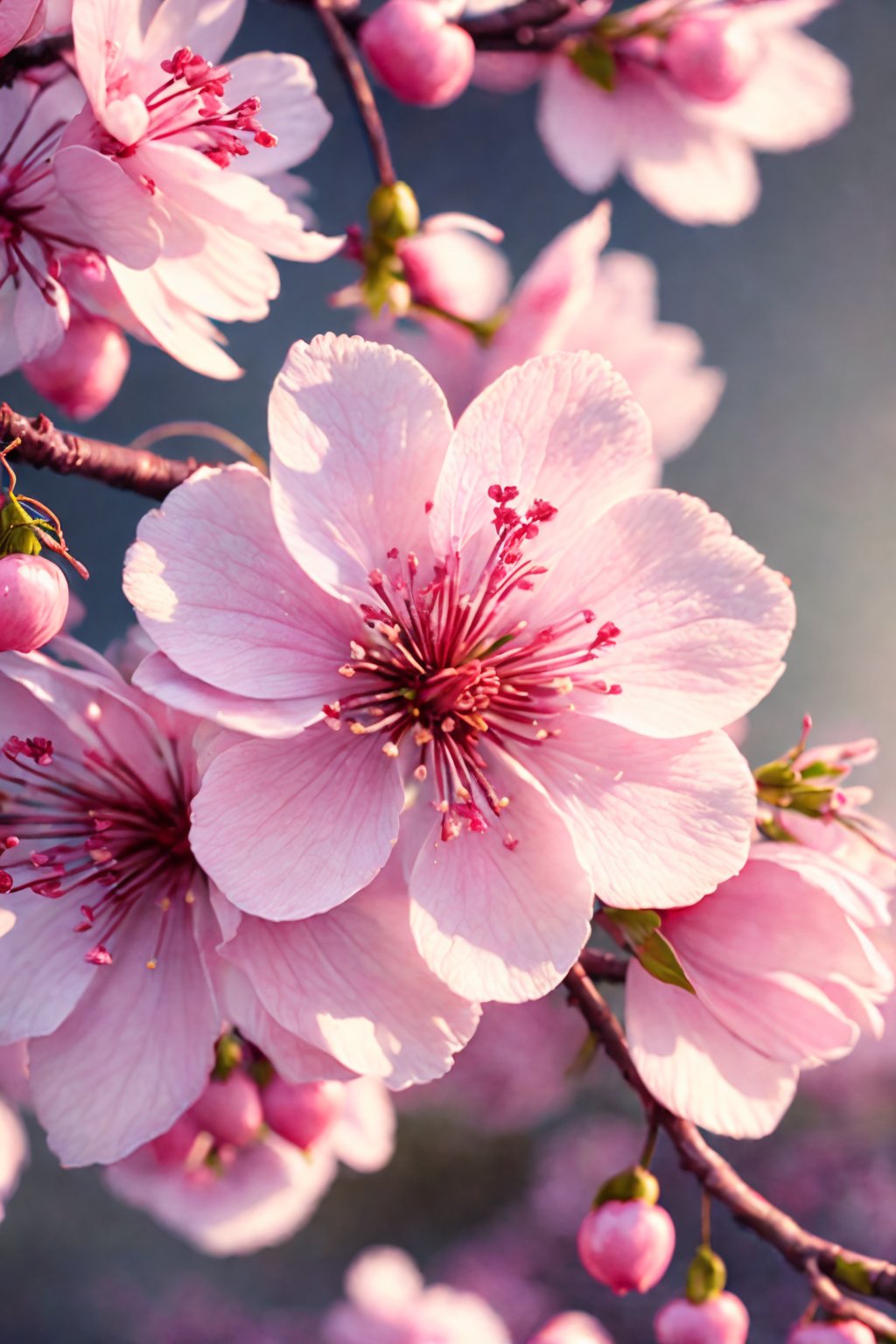 (best quality,4k,8k,highres,masterpiece:1.2),ultra-detailed,(realistic,photorealistic,photo-realistic:1.37),cherry tree,cherry flower,close up,macro photography,beautiful delicate cherry blossoms,vibrant pink petals,fragrant scent of cherry blossoms,subtle play of light and shadow on the tree branches,soft sunlight filtering through the cherry blossoms,captivating beauty of nature in full bloom,springtime serenity,peaceful atmosphere under the cherry tree,blossoming branches reaching towards the sky,fresh green leaves juxtaposed with the vibrant pink flowers,delicate details of the cherry petals,small insects buzzing around the flowers,pollen gently carried by the breeze,bees collecting nectar from the cherry blossoms,up-close view of the intricate flower structure,petals gently swaying in the wind,immersive experience of being surrounded by cherry blossoms,every petal showcasing its unique beauty,ethereal and dreamlike ambiance,refreshing and rejuvenating natural scene.