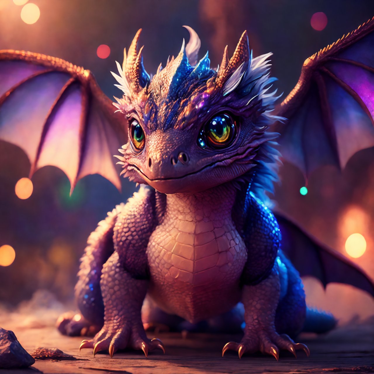 baby dragon, cinematic background, vibrant colors, UHD, 16k, 3D rendering, detailed scales, adorable face and expression, sparkling eyes, fluffy wings, playful pose, magical atmosphere, realistic textures, professional artwork, fantasy art style, mystical lighting, captivating composition, epic fantasy scene