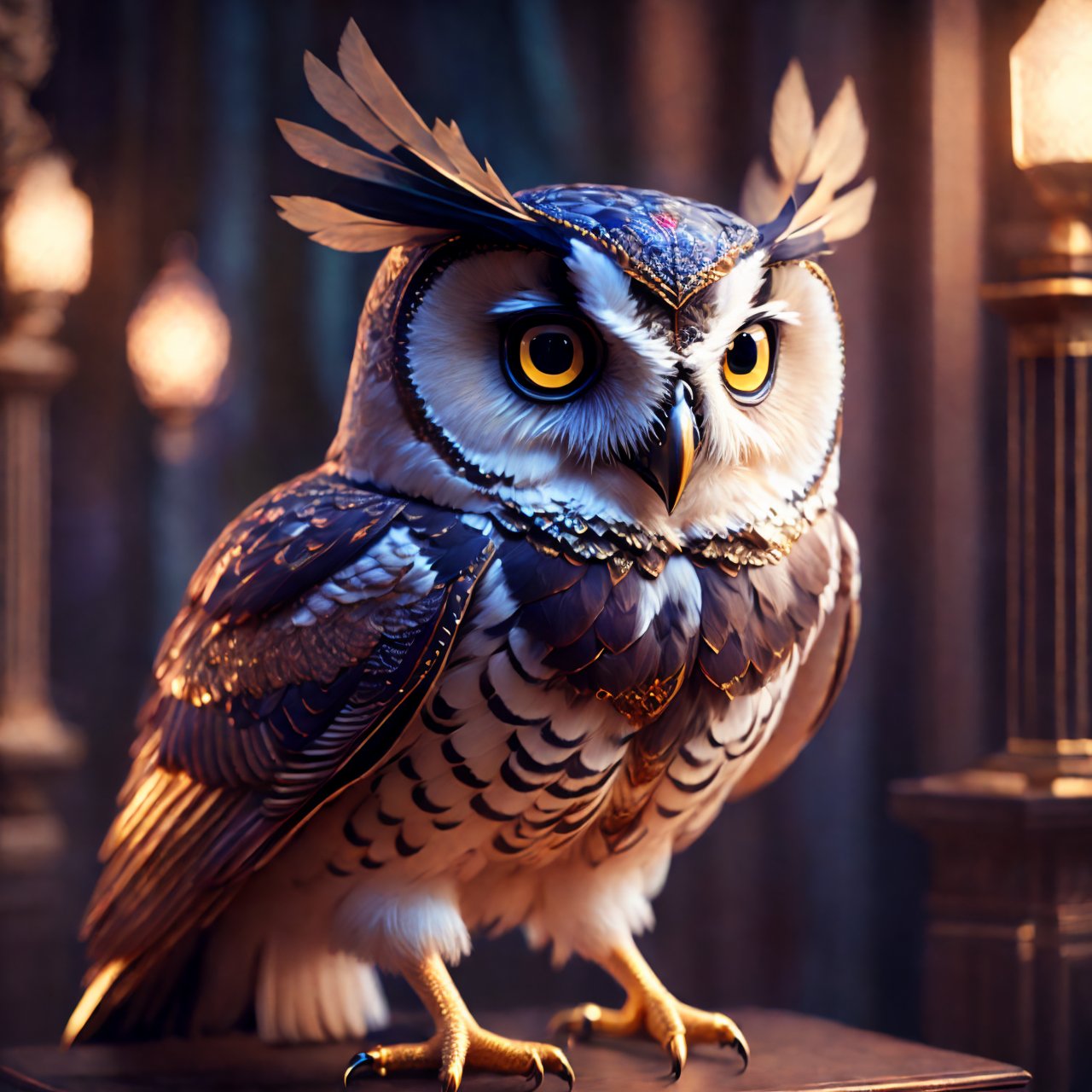 (best quality, 3D, high-res), (cinematic lighting, octane render), Behold a stunning 3D masterpiece featuring an intricately detailed owl with a decorative headdress, illuminated by cinematic lighting, and rendered with the exquisite precision of Octane Render.