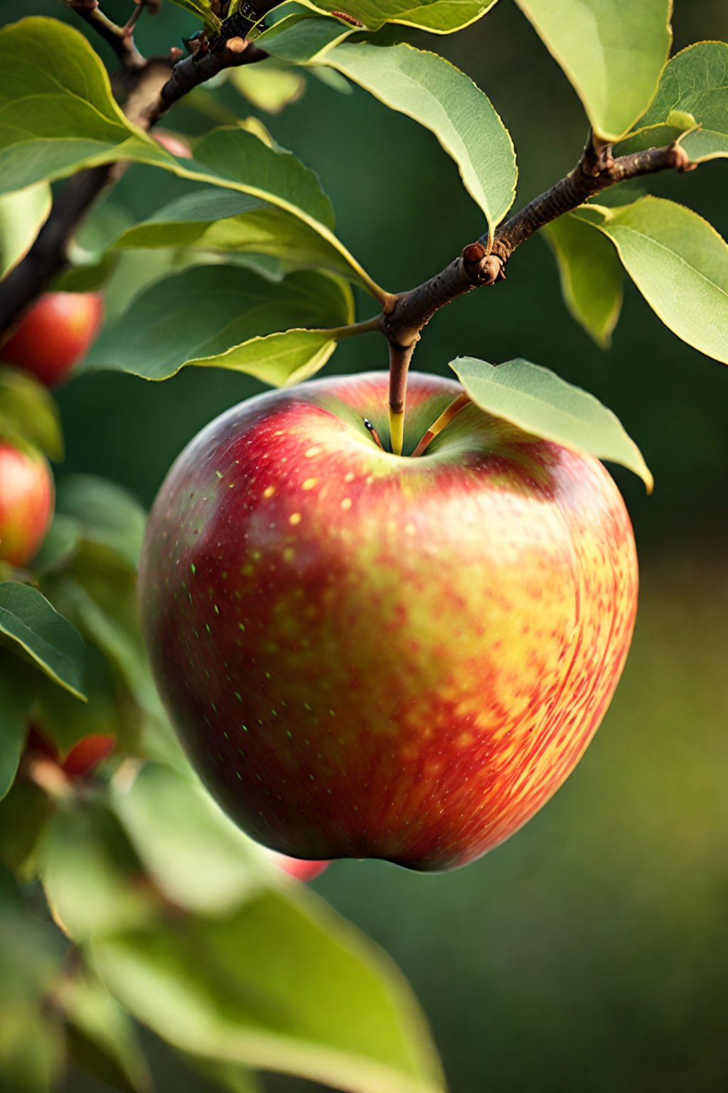 Capture an exquisite macro photograph of an (apple) tree bearing a single (apple). The shot should emphasize the (close-up) beauty of nature, with a (sharp focus) and a (high-definition resolution), offering viewers a glimpse into the intricate world of this apple tree and its glistening fruit.